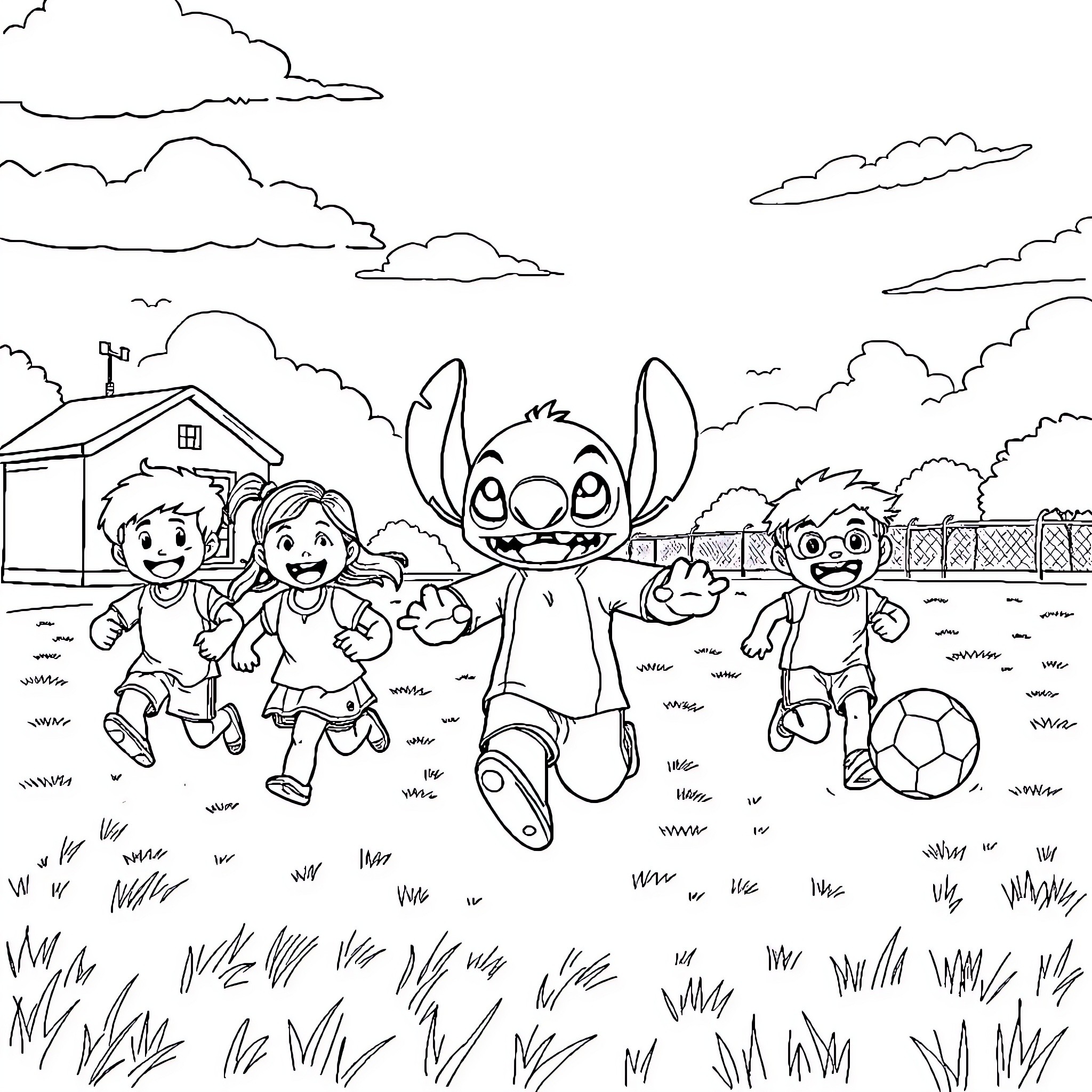 Stitch playing with children in the backyard Coloring Page (free black-and-white line drawing printable PDF for all, from beginners to advanced learners, including children, teens, adults, and seniors)