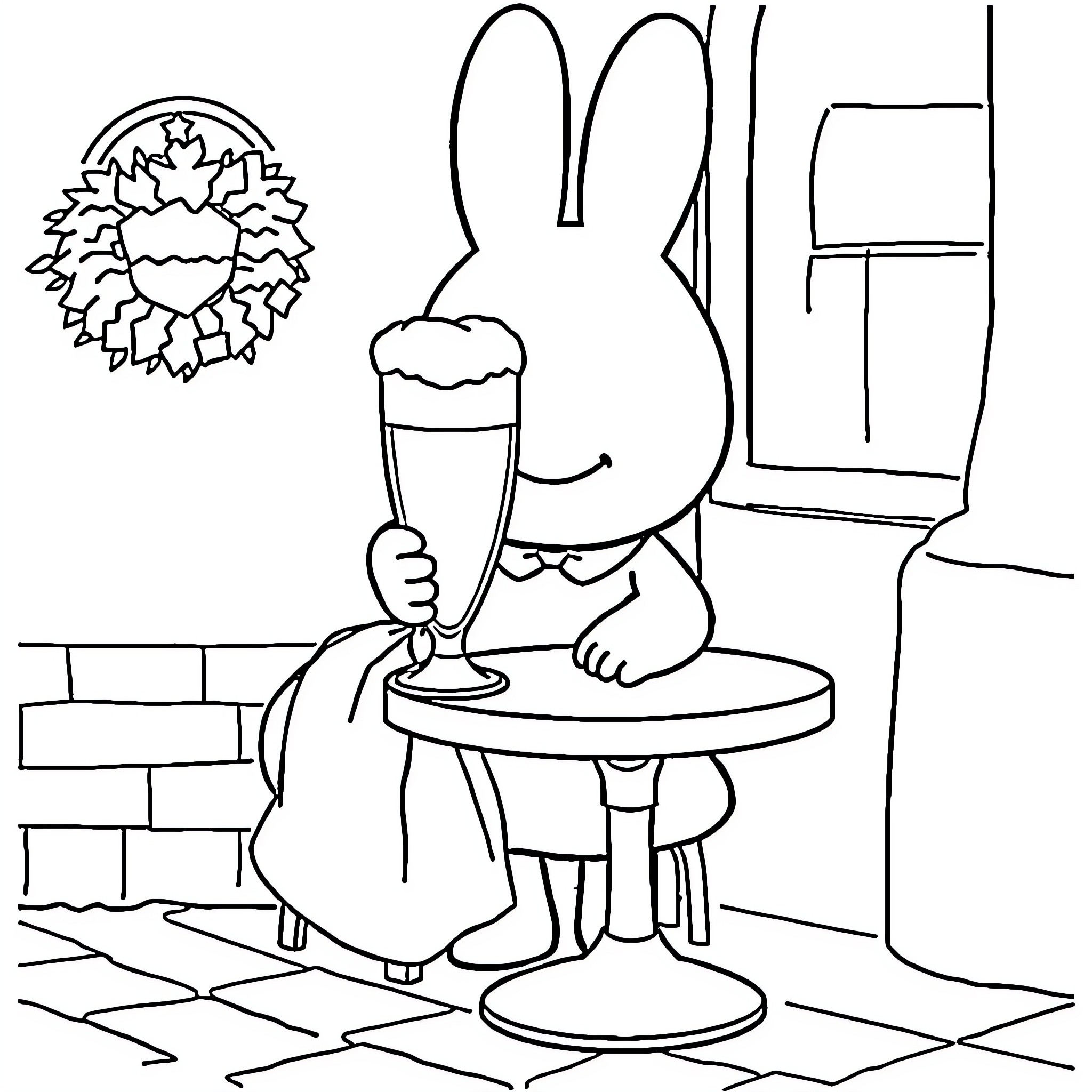 Miffy enjoying a delicious treat in the cafe Coloring Page (free black-and-white line drawing printable PDF for all, from beginners to advanced learners, including children, teens, adults, and seniors)