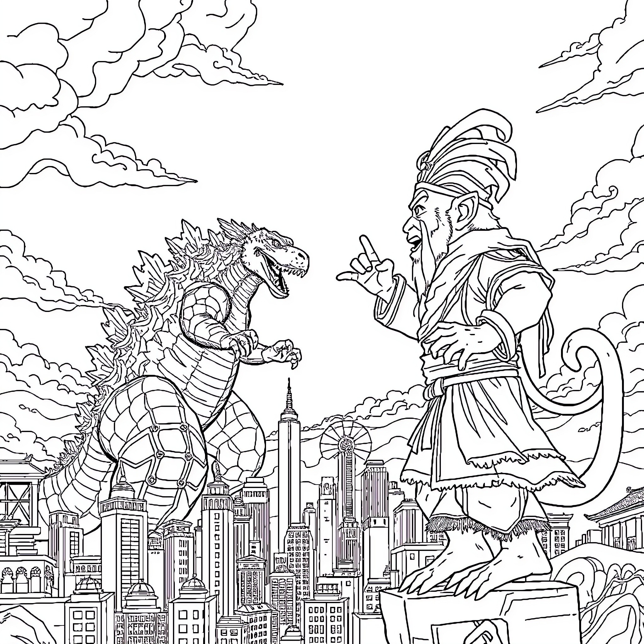 Godzilla facing off against a mysterious warrior in the city Coloring Page (free black-and-white line drawing printable PDF for all, from beginners to advanced learners, including children, teens, adults, and seniors)