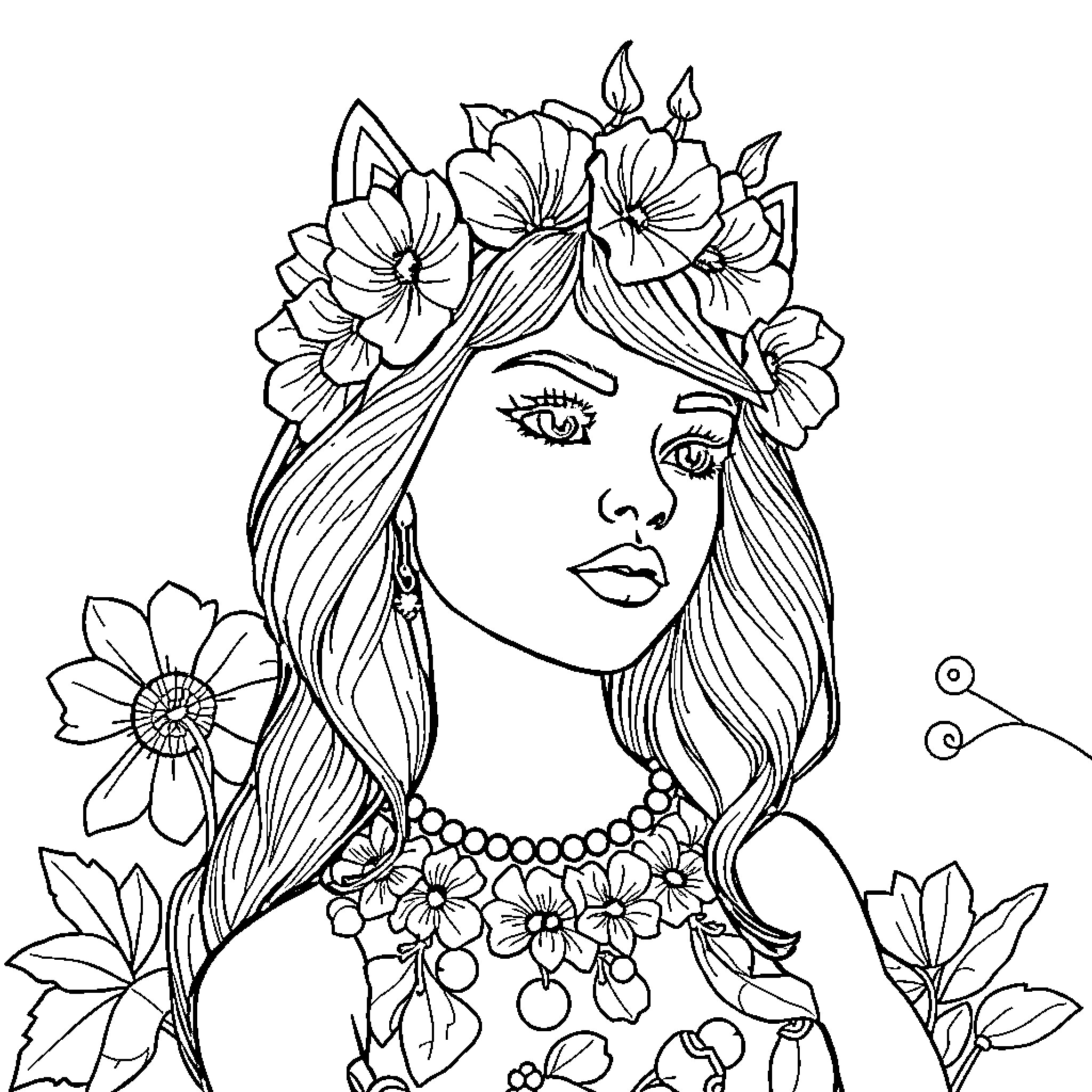 Floral Portrait with Ornate Accessories Coloring Page (free black-and-white line drawing printable PDF for all, from beginners to advanced learners, including children, teens, adults, and seniors)