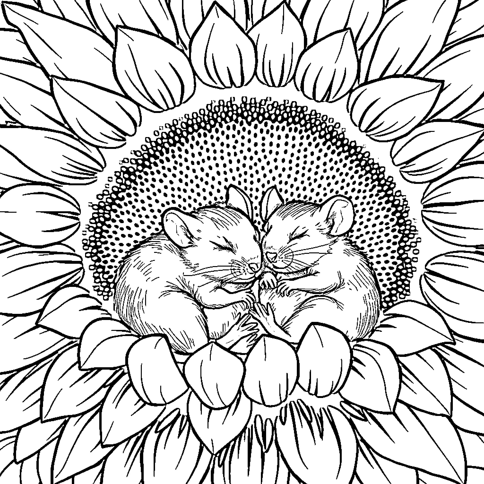 Rat snuggling affectionately in sunflowers Coloring Page (free black-and-white line drawing printable PDF for all, from beginners to advanced learners, including children, teens, adults, and seniors)