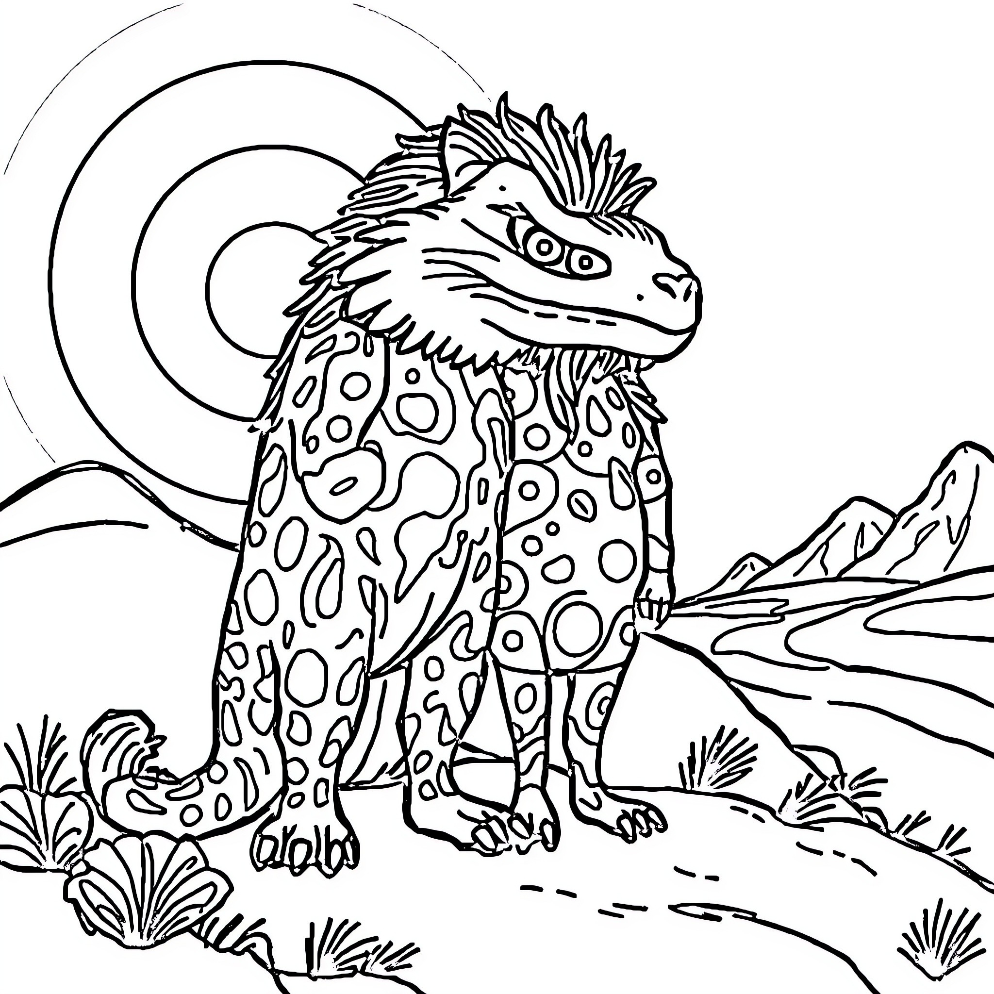 Guts of a Fantastical Creature in Lush Landscape Coloring Page (free black-and-white line drawing printable PDF for all, from beginners to advanced learners, including children, teens, adults, and seniors)