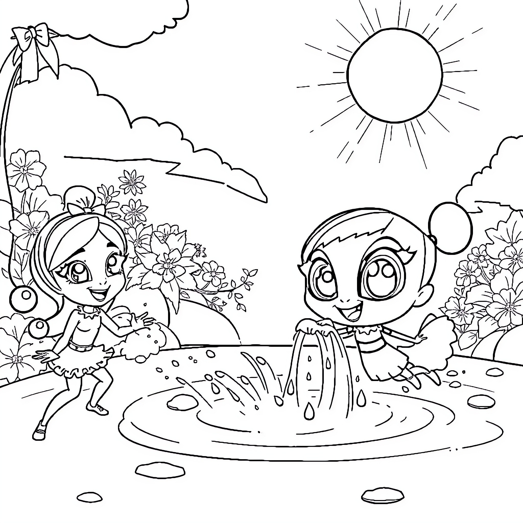 Mirabel and friend playing in nature Coloring Page (free black-and-white line drawing printable PDF for all, from beginners to advanced learners, including children, teens, adults, and seniors)