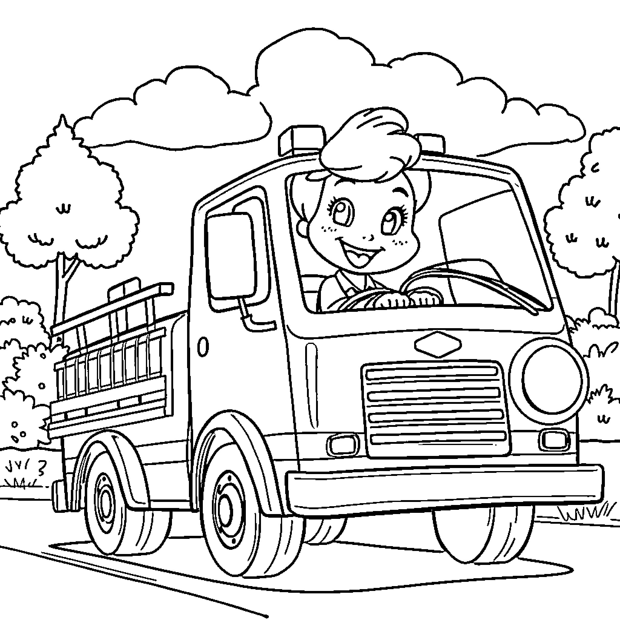 Bluey's Delivery Truck Adventure Coloring Page (free black-and-white line drawing printable PDF for all, from beginners to advanced learners, including children, teens, adults, and seniors)