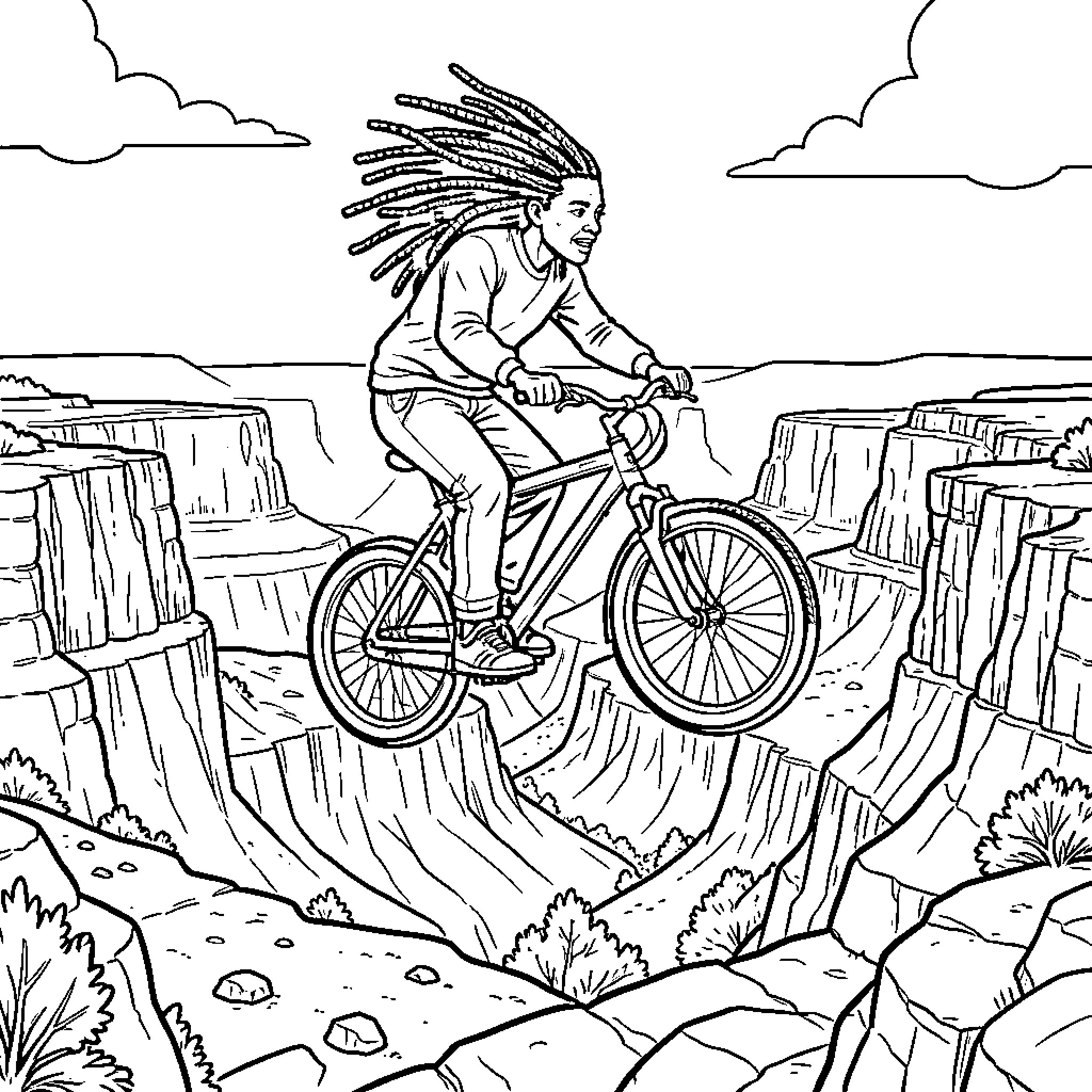 Person riding a bicycle through a canyon landscape Coloring Page (free black-and-white line drawing printable PDF for all, from beginners to advanced learners, including children, teens, adults, and seniors)