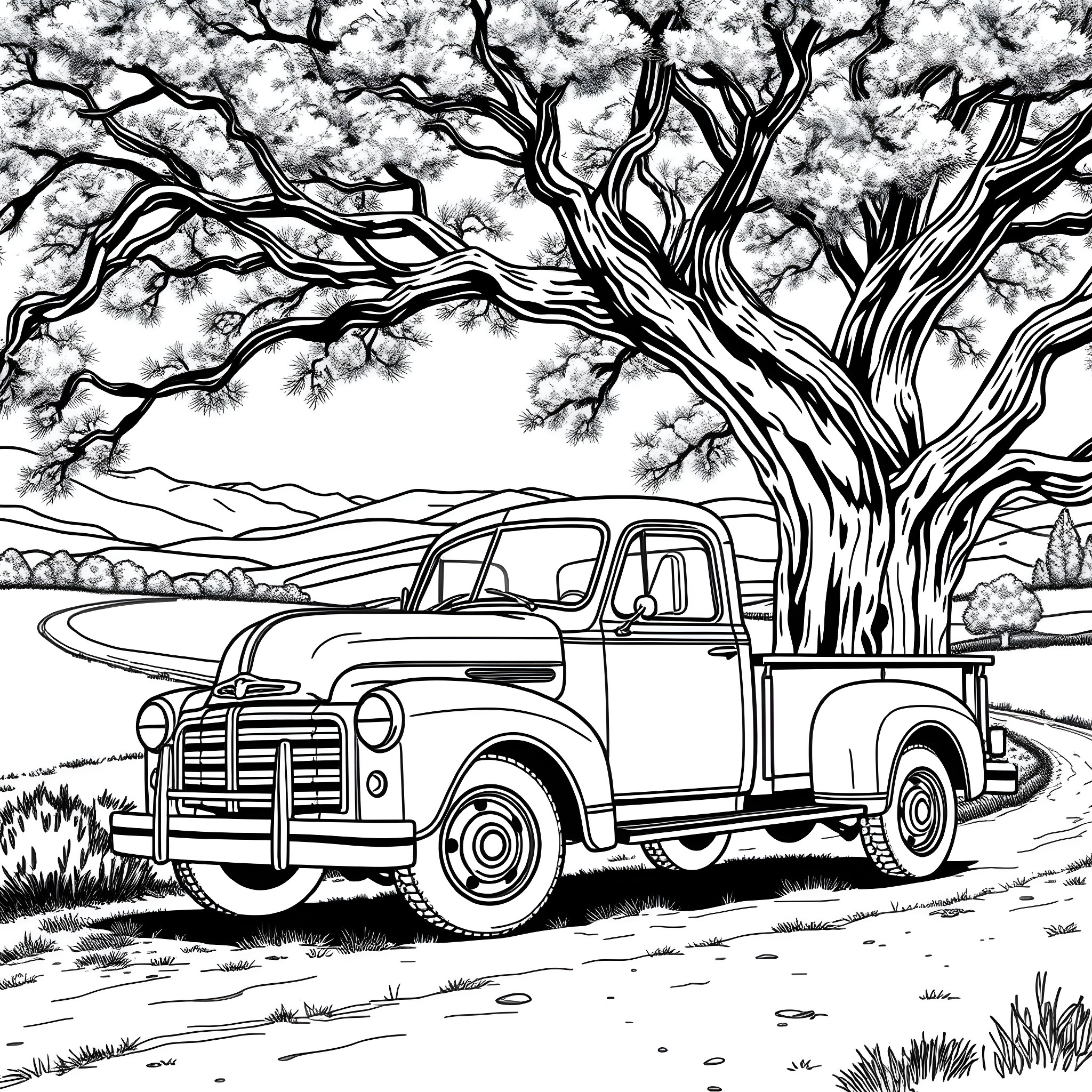 Truck parked under the vast tree in rural landscape Coloring Page (free black-and-white line drawing printable PDF for all, from beginners to advanced learners, including children, teens, adults, and seniors)