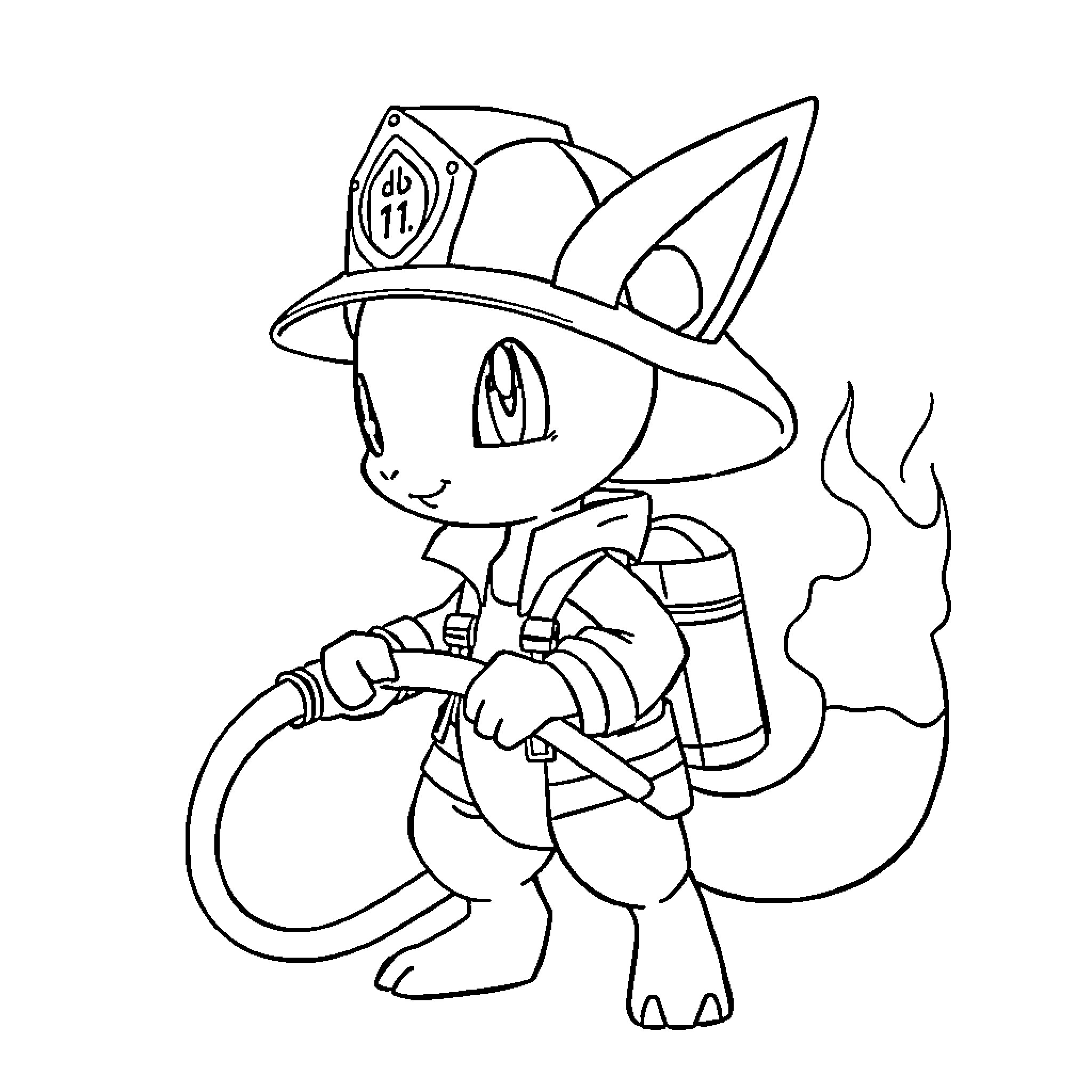 Mewtwo as a Firefighter in Action Coloring Page (free black-and-white line drawing printable PDF for all, from beginners to advanced learners, including children, teens, adults, and seniors)