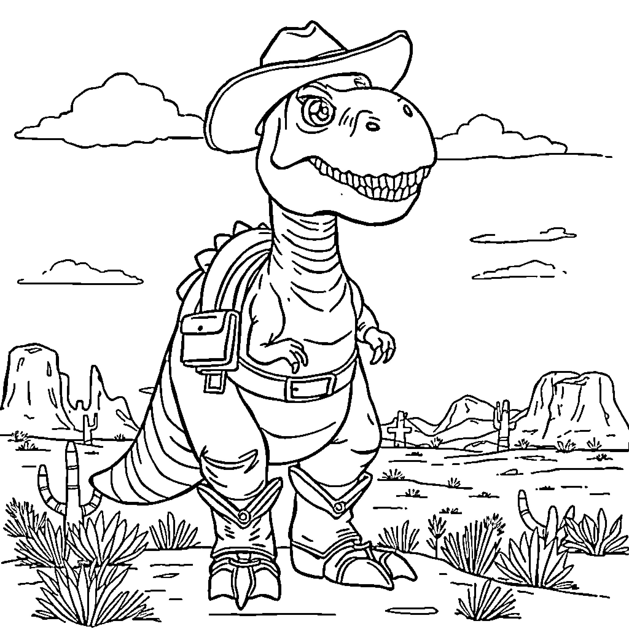 Dinosaur adventurer in the desert landscape Coloring Page (free black-and-white line drawing printable PDF for all, from beginners to advanced learners, including children, teens, adults, and seniors)