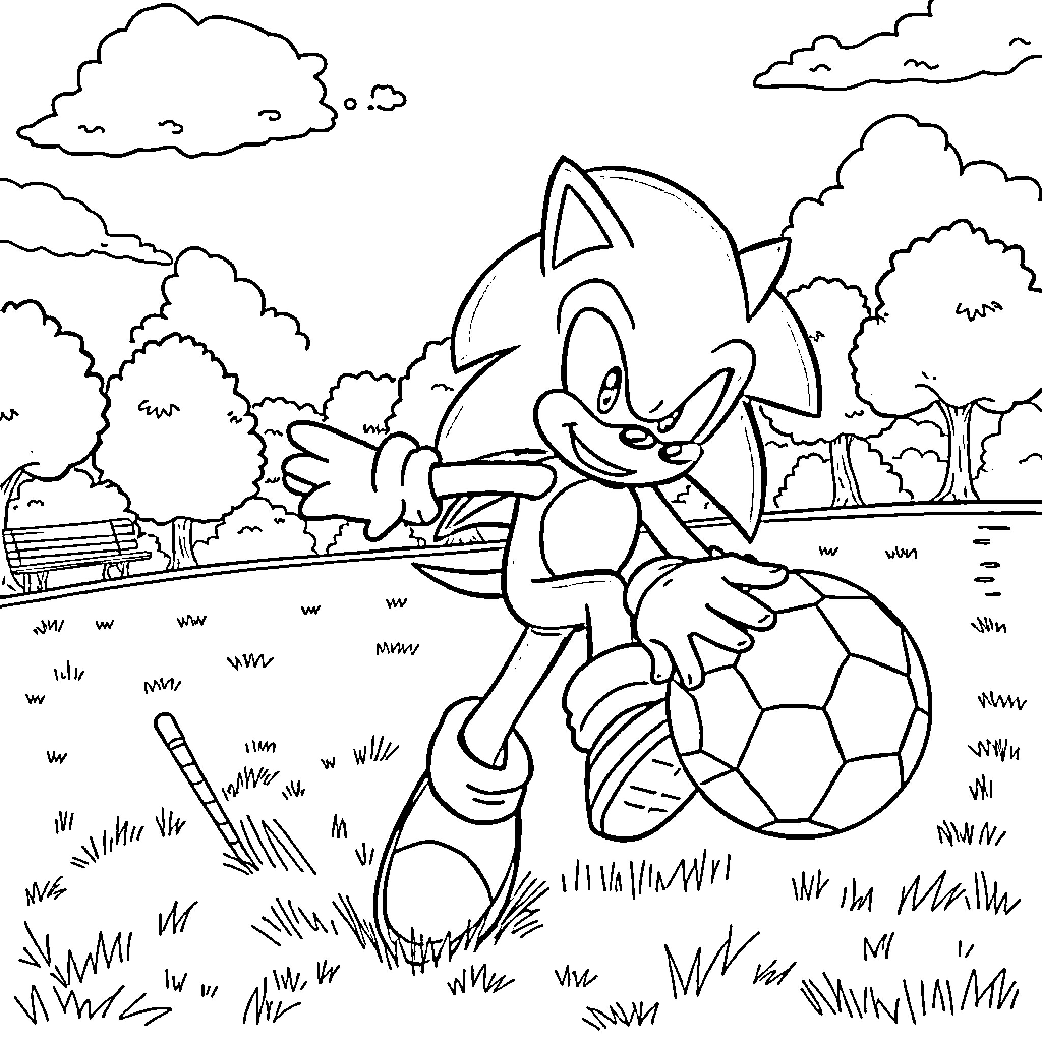 Sonic the Hedgehog enjoying a soccer game in the park Coloring Page (free black-and-white line drawing printable PDF for all, from beginners to advanced learners, including children, teens, adults, and seniors)