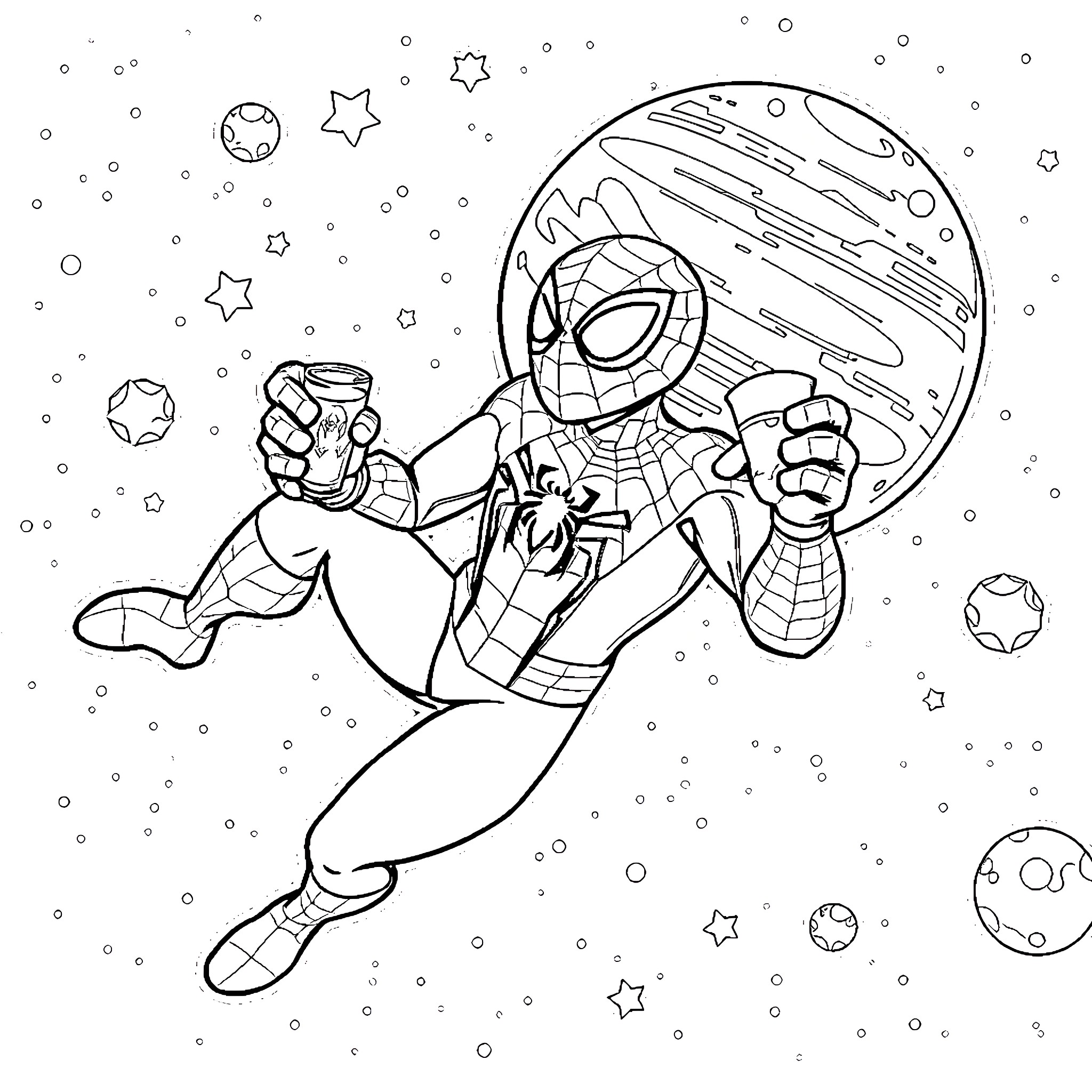 Spiderman Swinging Through the Cosmic Void Coloring Page (free black-and-white line drawing printable PDF for all, from beginners to advanced learners, including children, teens, adults, and seniors)