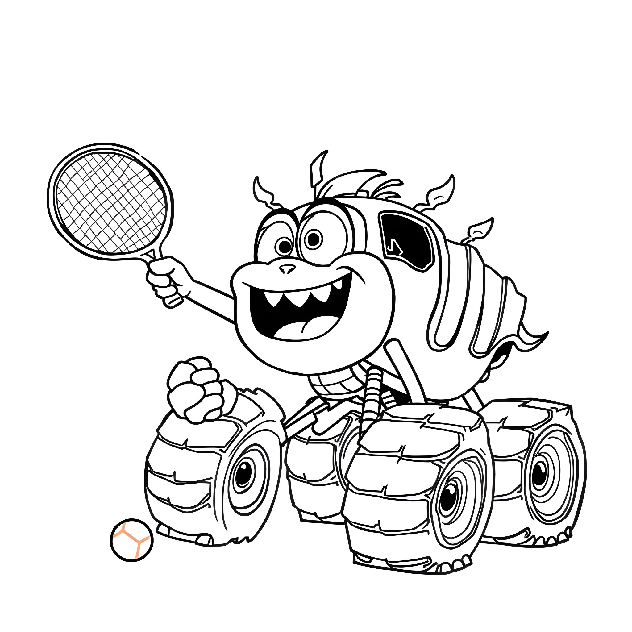 Monster Machine Playing Tennis Coloring Page (free black-and-white line drawing printable PDF for all, from beginners to advanced learners, including children, teens, adults, and seniors)