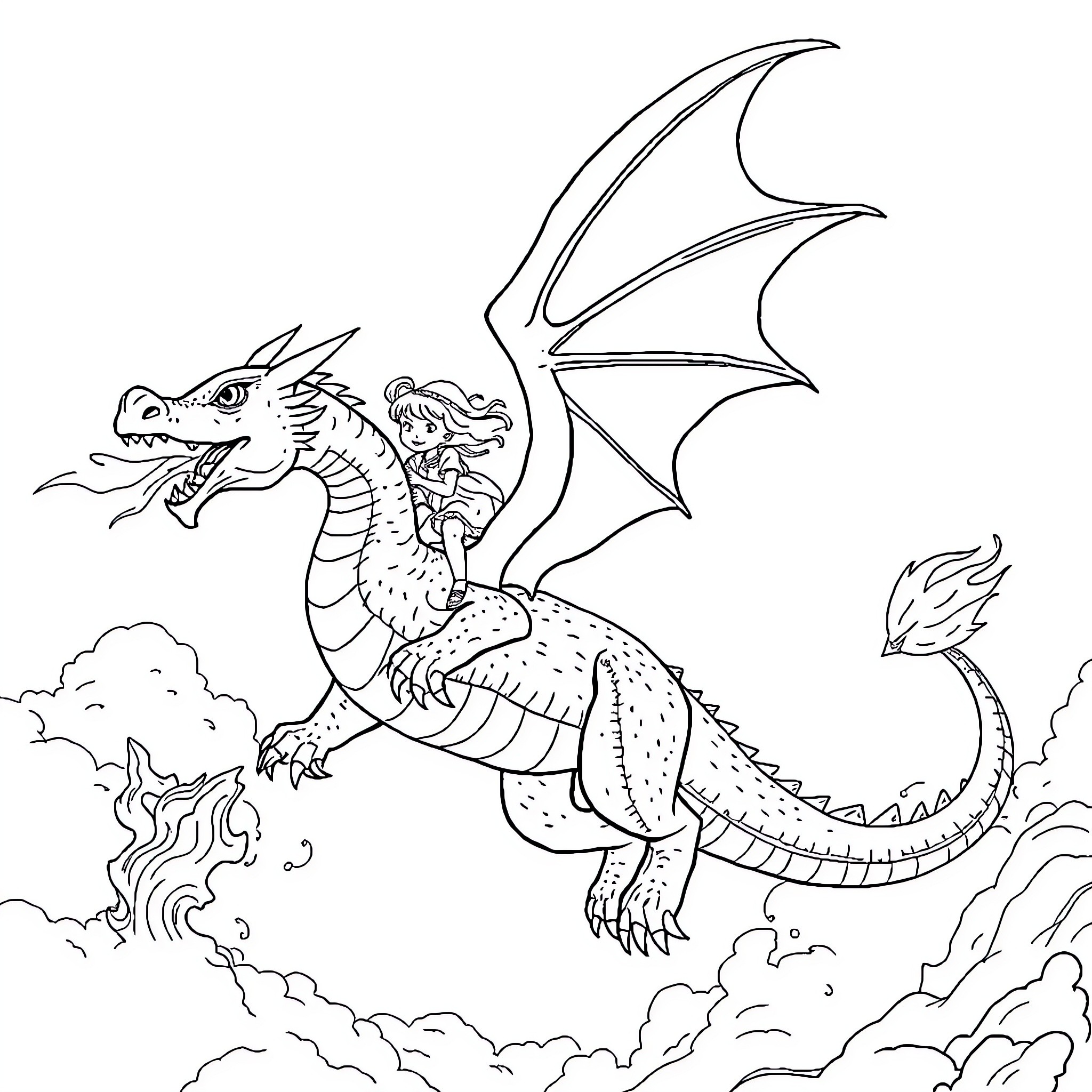 Dragon and Rider Soaring in the Clouds Coloring Page (free black-and-white line drawing printable PDF for all, from beginners to advanced learners, including children, teens, adults, and seniors)