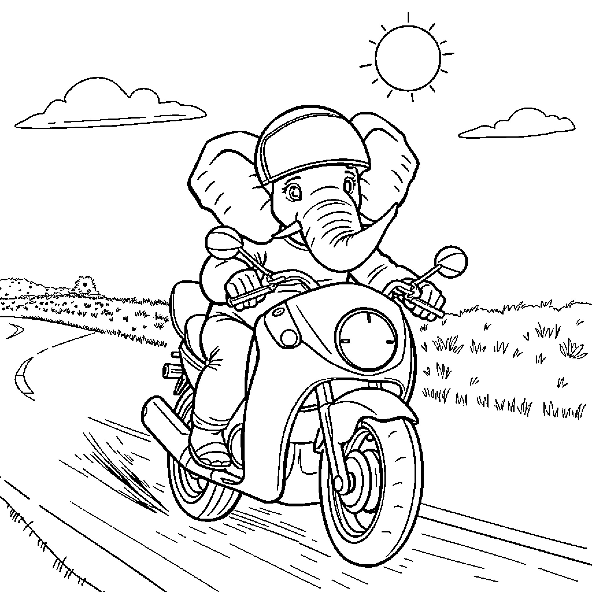 Elephant riding a motorcycle on a sunny day Coloring Page (free black-and-white line drawing printable PDF for all, from beginners to advanced learners, including children, teens, adults, and seniors)