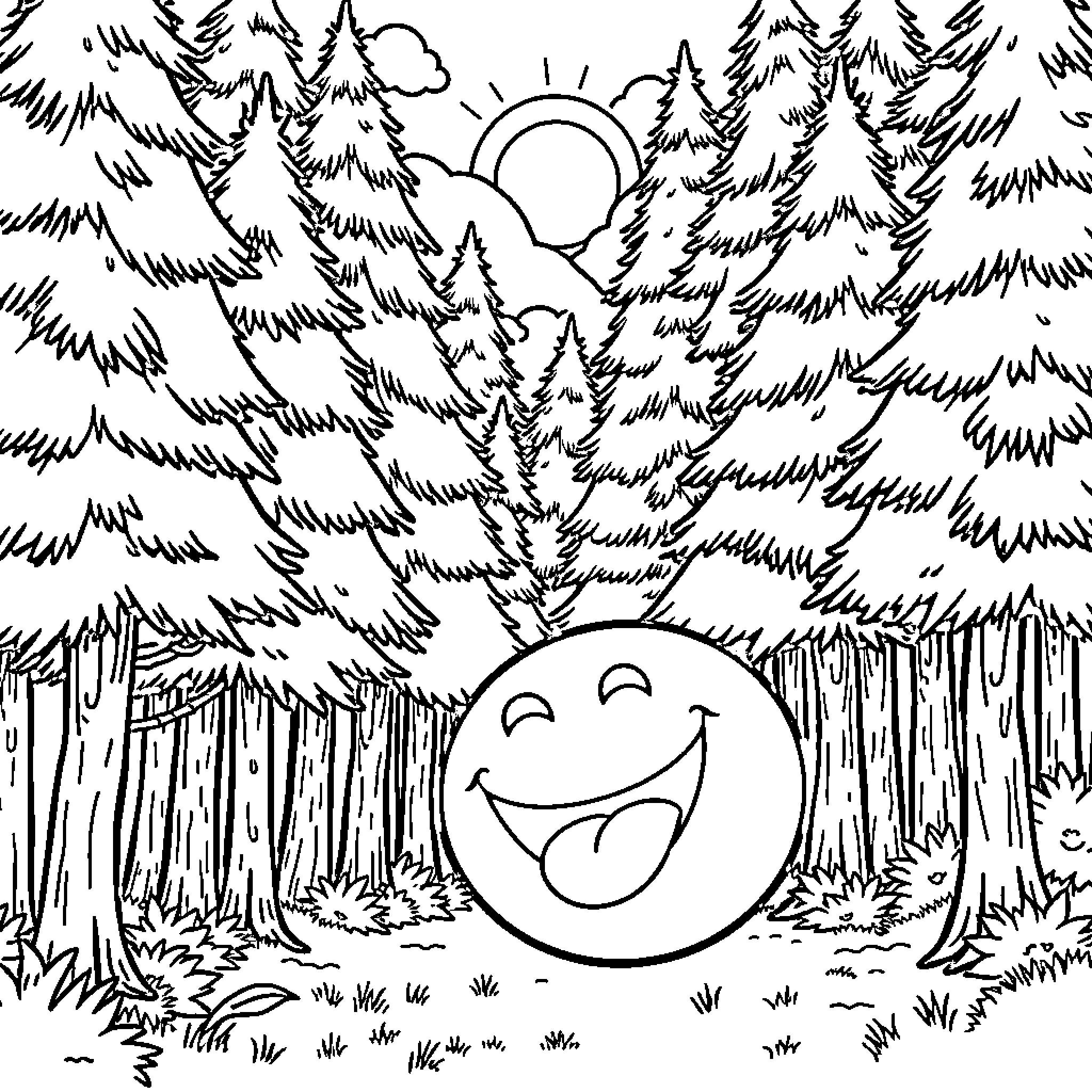 Smiley enjoys nature's beauty in the forest Coloring Page (free black-and-white line drawing printable PDF for all, from beginners to advanced learners, including children, teens, adults, and seniors)