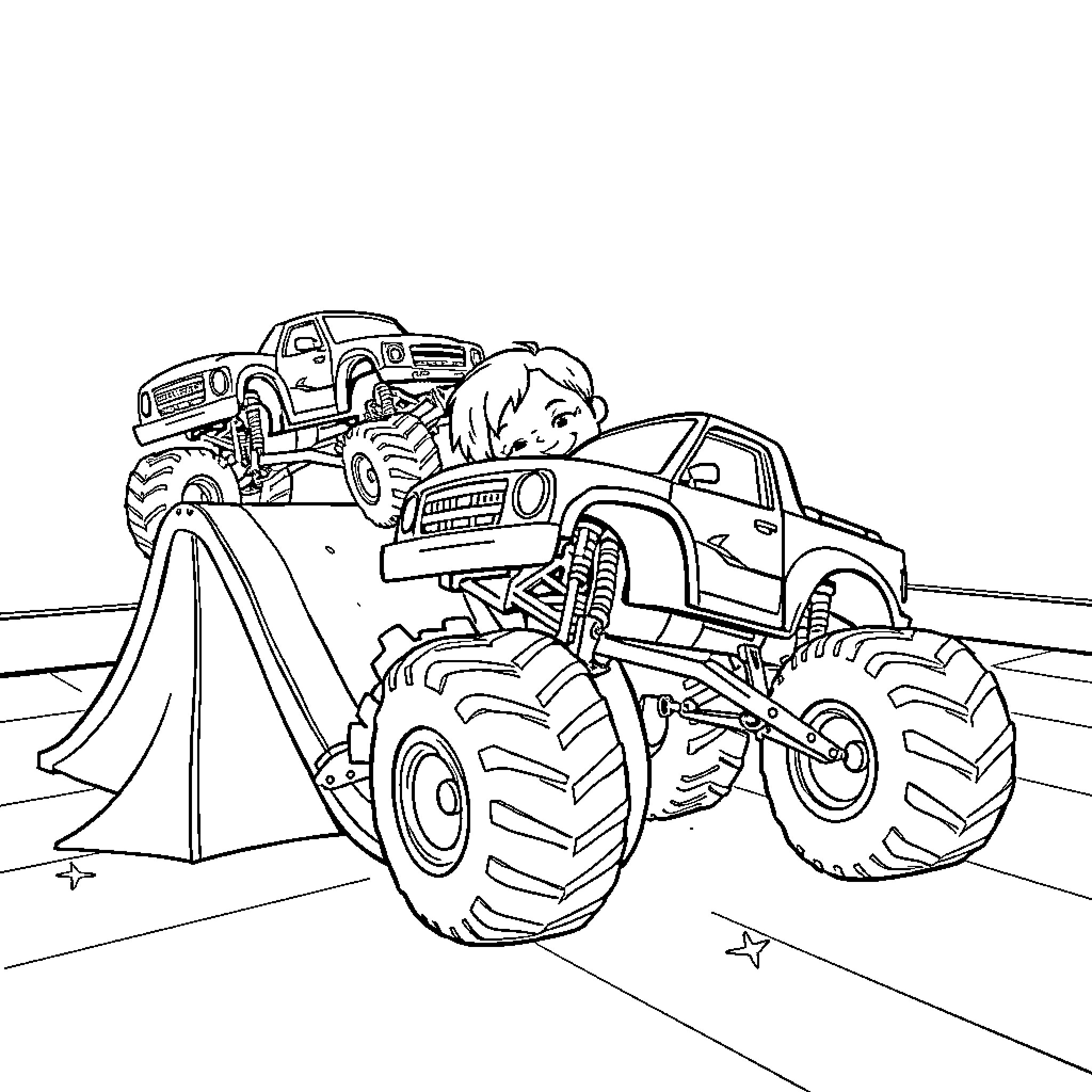Monster Truck Performing Stunts on Rugged Terrain Coloring Page (free black-and-white line drawing printable PDF for all, from beginners to advanced learners, including children, teens, adults, and seniors)