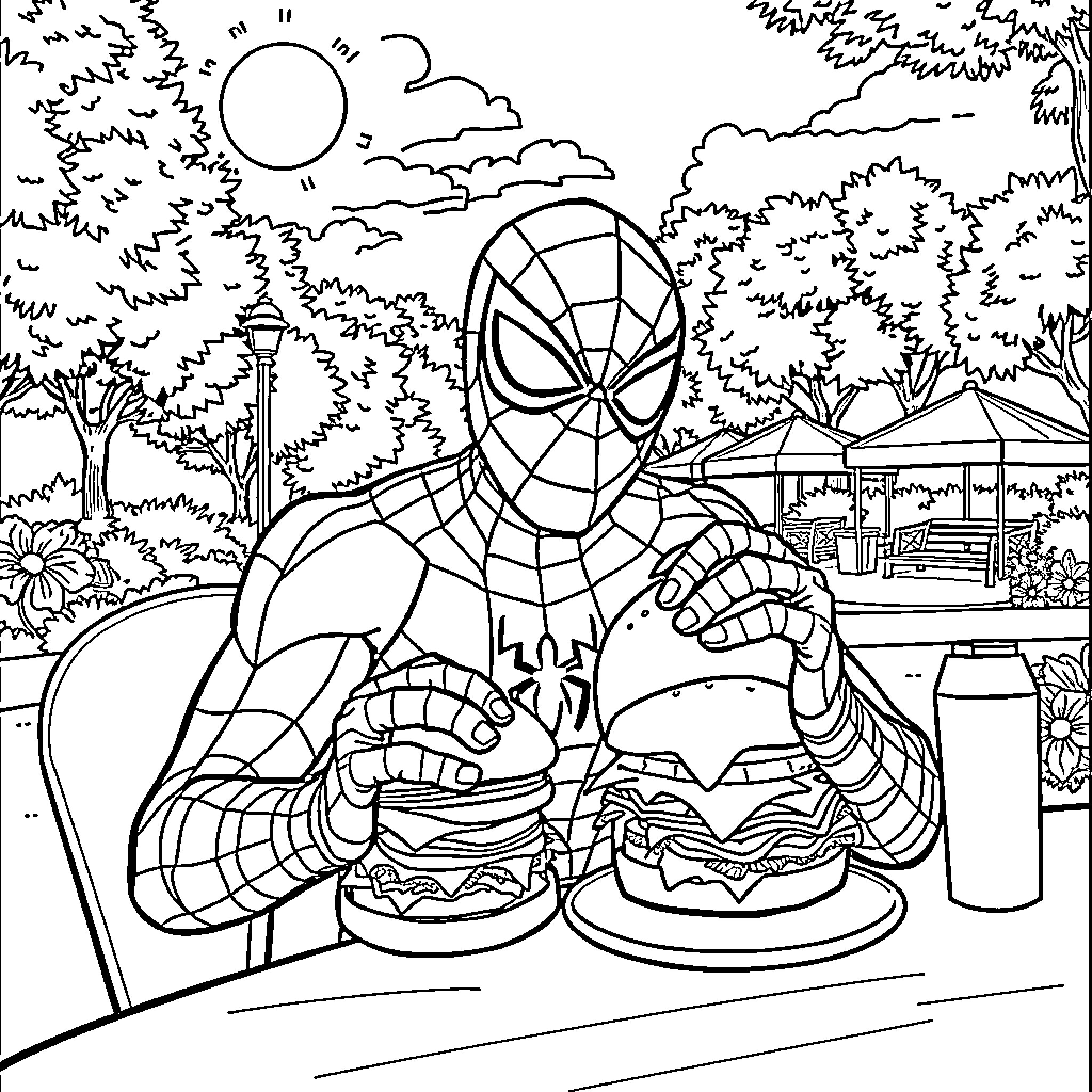 Spiderman enjoying a tasty burger in the park Coloring Page (free black-and-white line drawing printable PDF for all, from beginners to advanced learners, including children, teens, adults, and seniors)