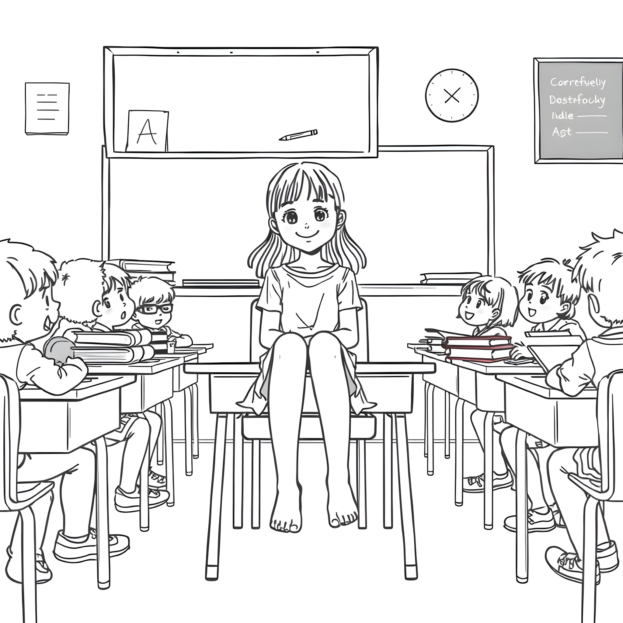 Girl teaching in front of classroom with students Coloring Page (free black-and-white line drawing printable PDF for all, from beginners to advanced learners, including children, teens, adults, and seniors)