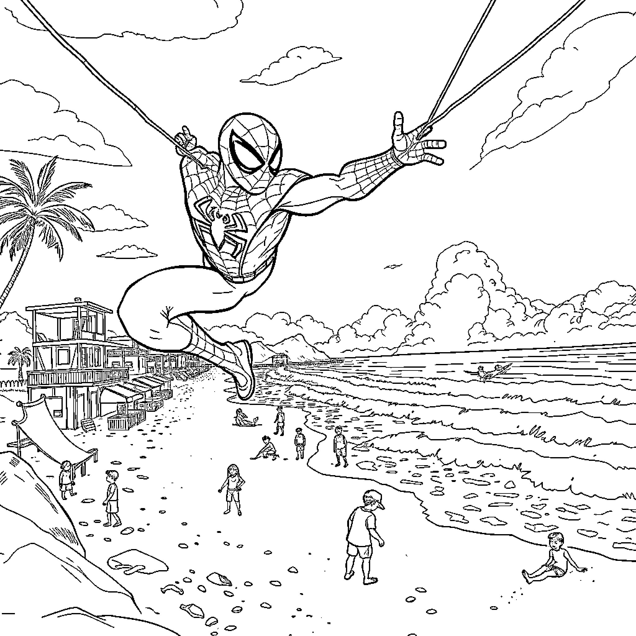 Spiderman swinging over a tropical beach scene Coloring Page (free black-and-white line drawing printable PDF for all, from beginners to advanced learners, including children, teens, adults, and seniors)