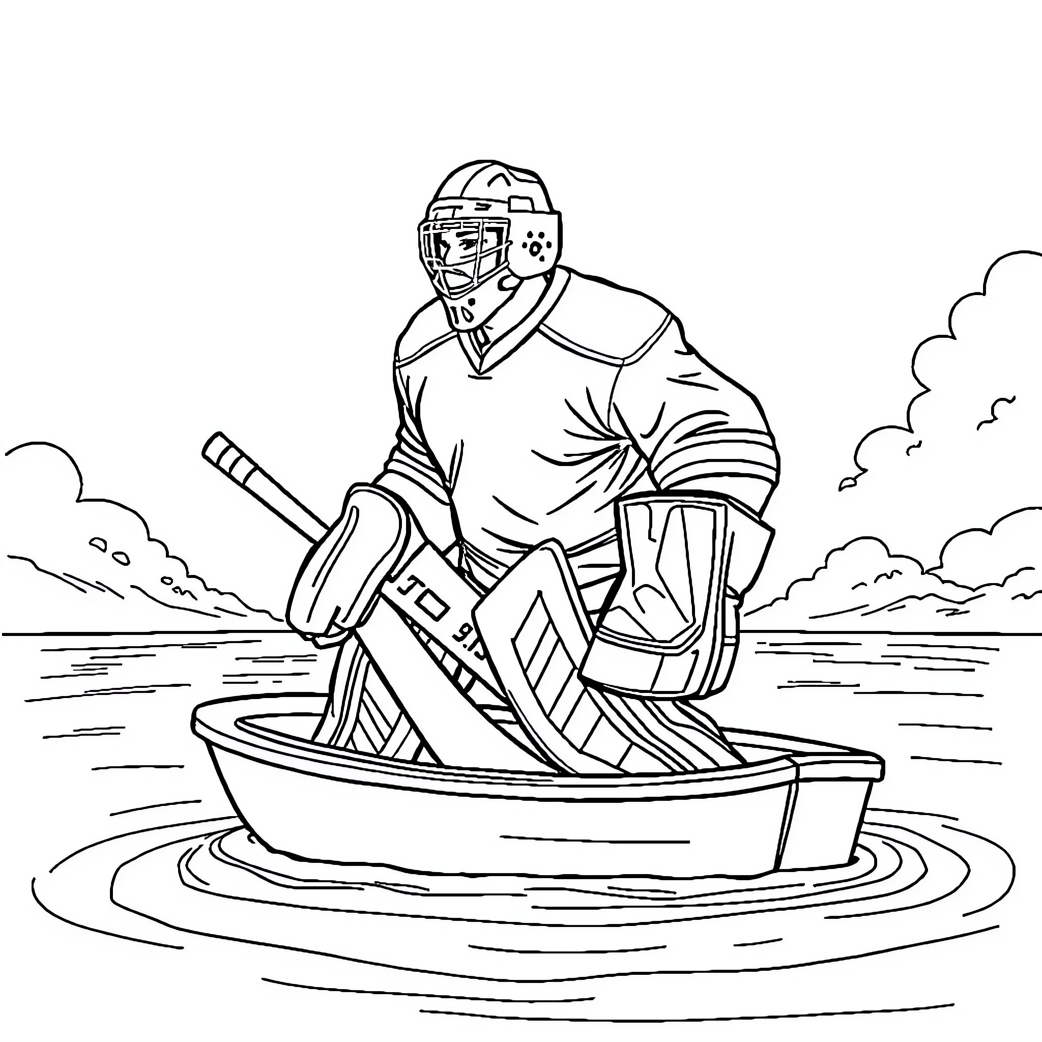 Hockey Goalie in Action on the Ice Rink Coloring Page (free black-and-white line drawing printable PDF for all, from beginners to advanced learners, including children, teens, adults, and seniors)