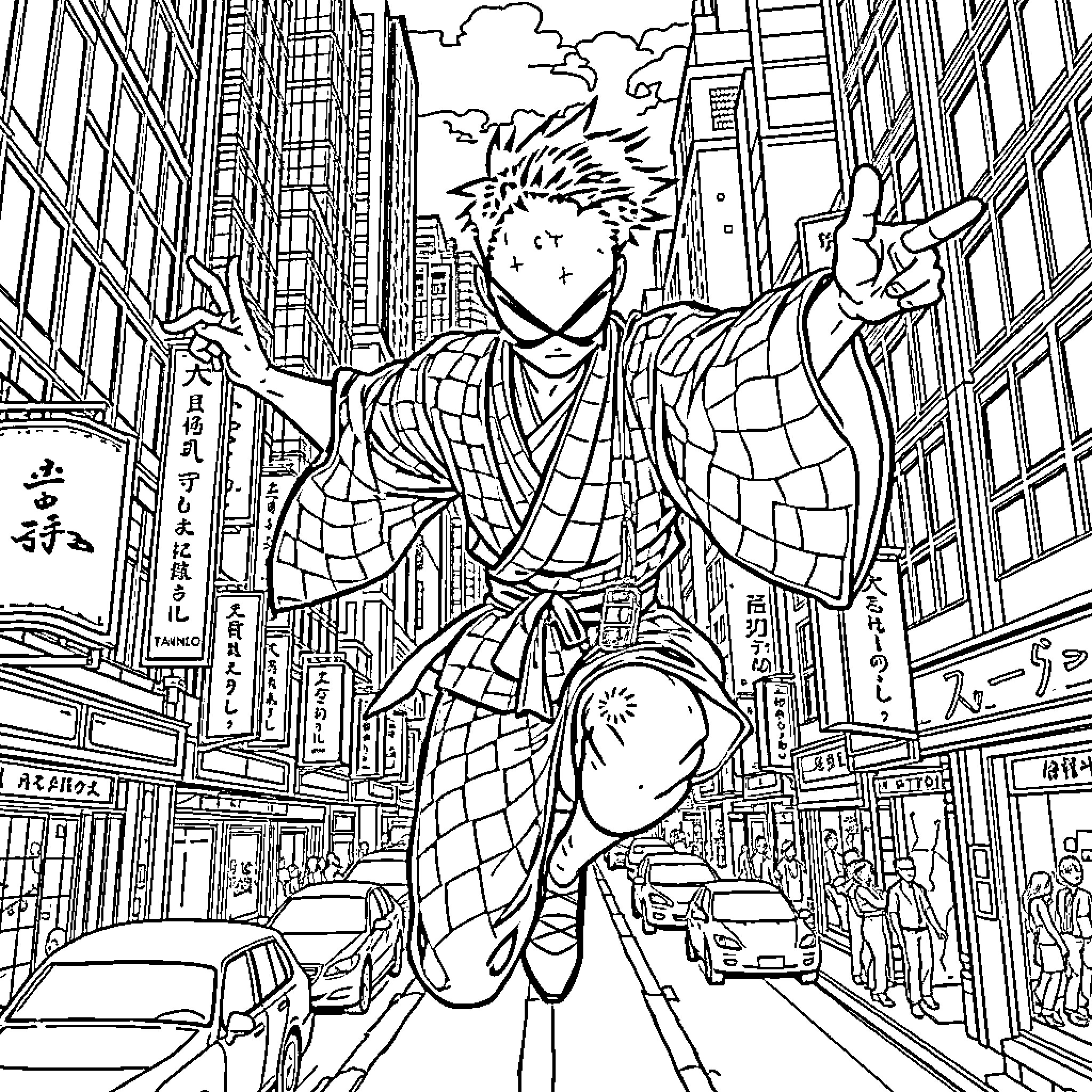 Character in dynamic urban scene with cityscape Coloring Page (free black-and-white line drawing printable PDF for all, from beginners to advanced learners, including children, teens, adults, and seniors)