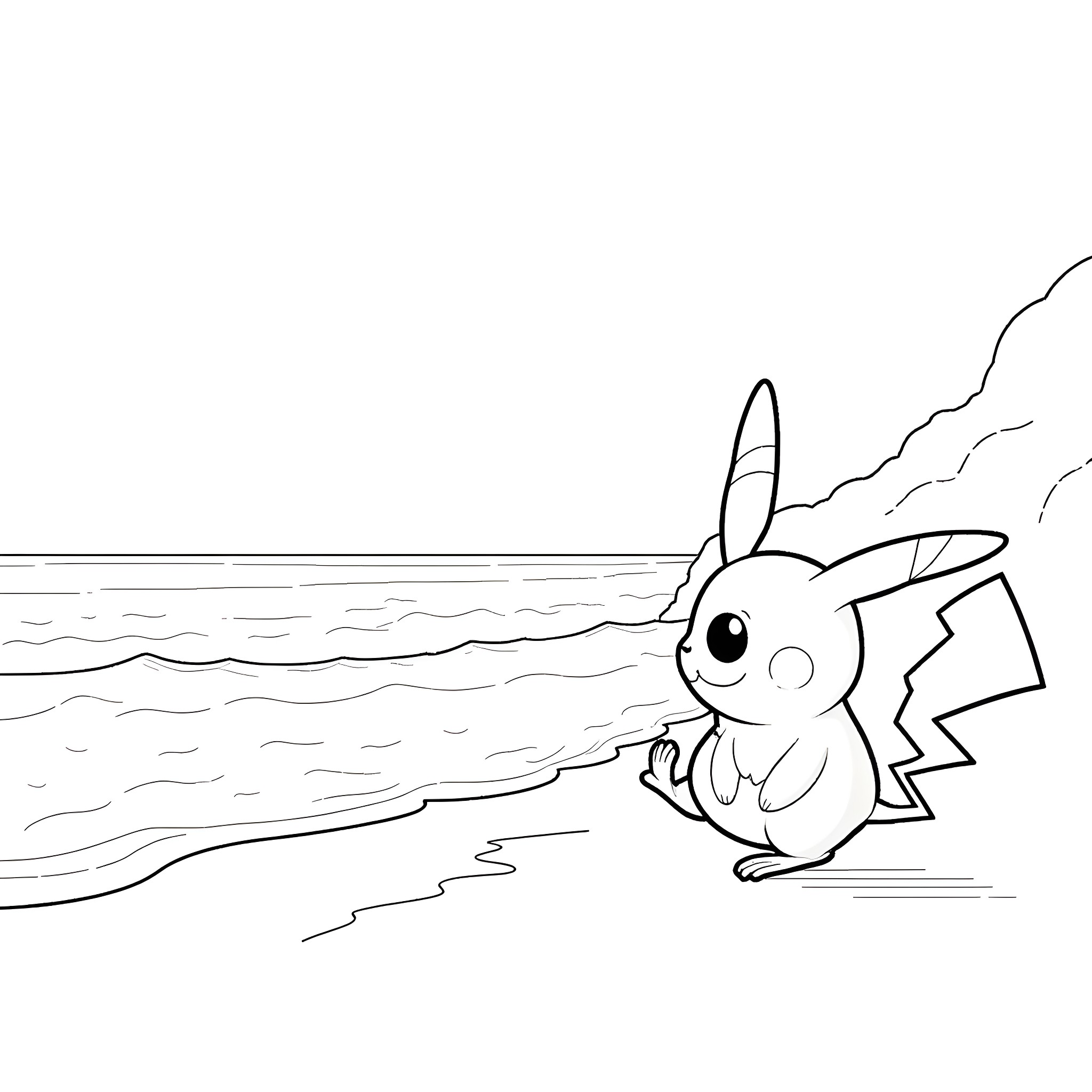 Pokémon character playing on the beach Coloring Page (free black-and-white line drawing printable PDF for all, from beginners to advanced learners, including children, teens, adults, and seniors)