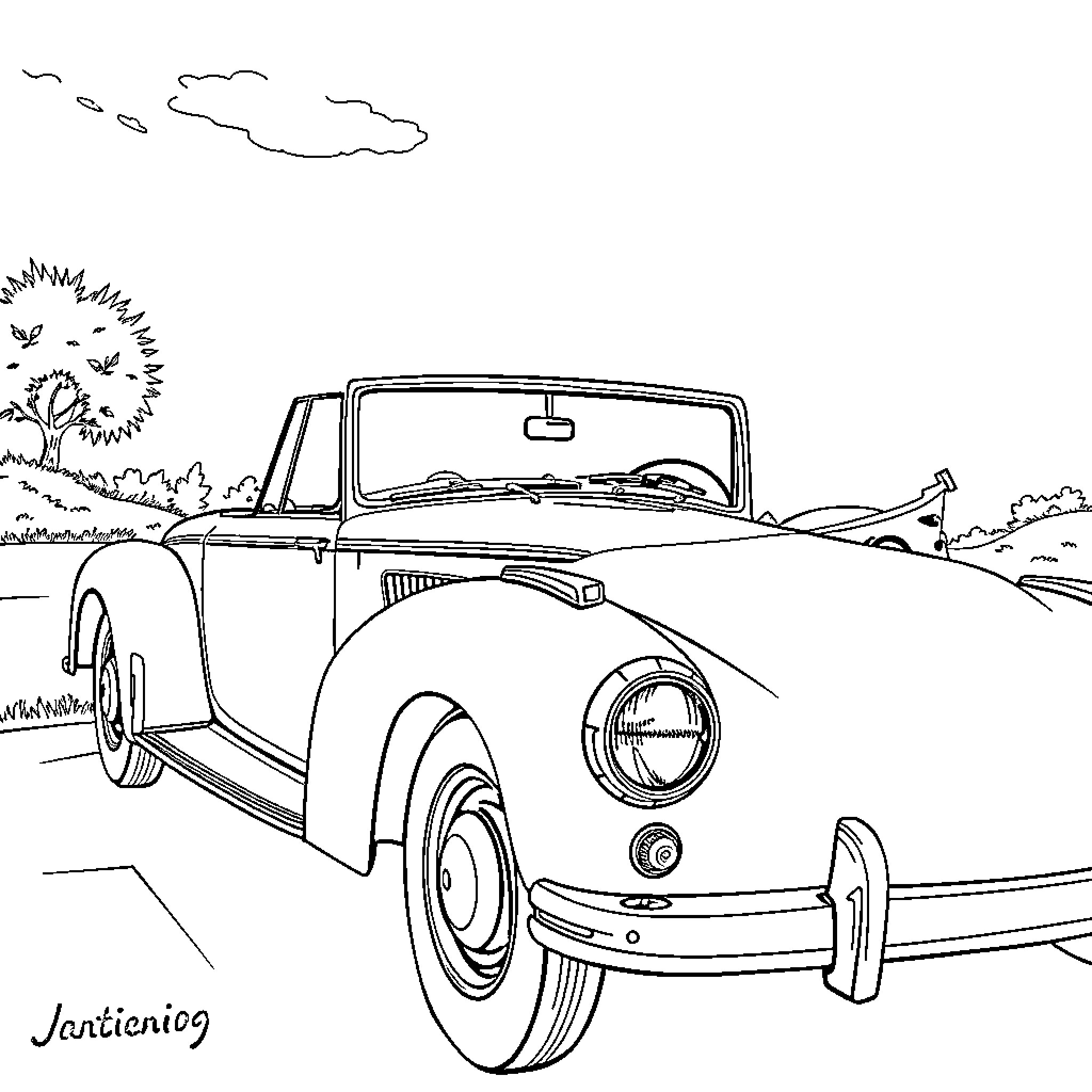 Chabriolet exploring rural countryside Coloring Page (free black-and-white line drawing printable PDF for all, from beginners to advanced learners, including children, teens, adults, and seniors)