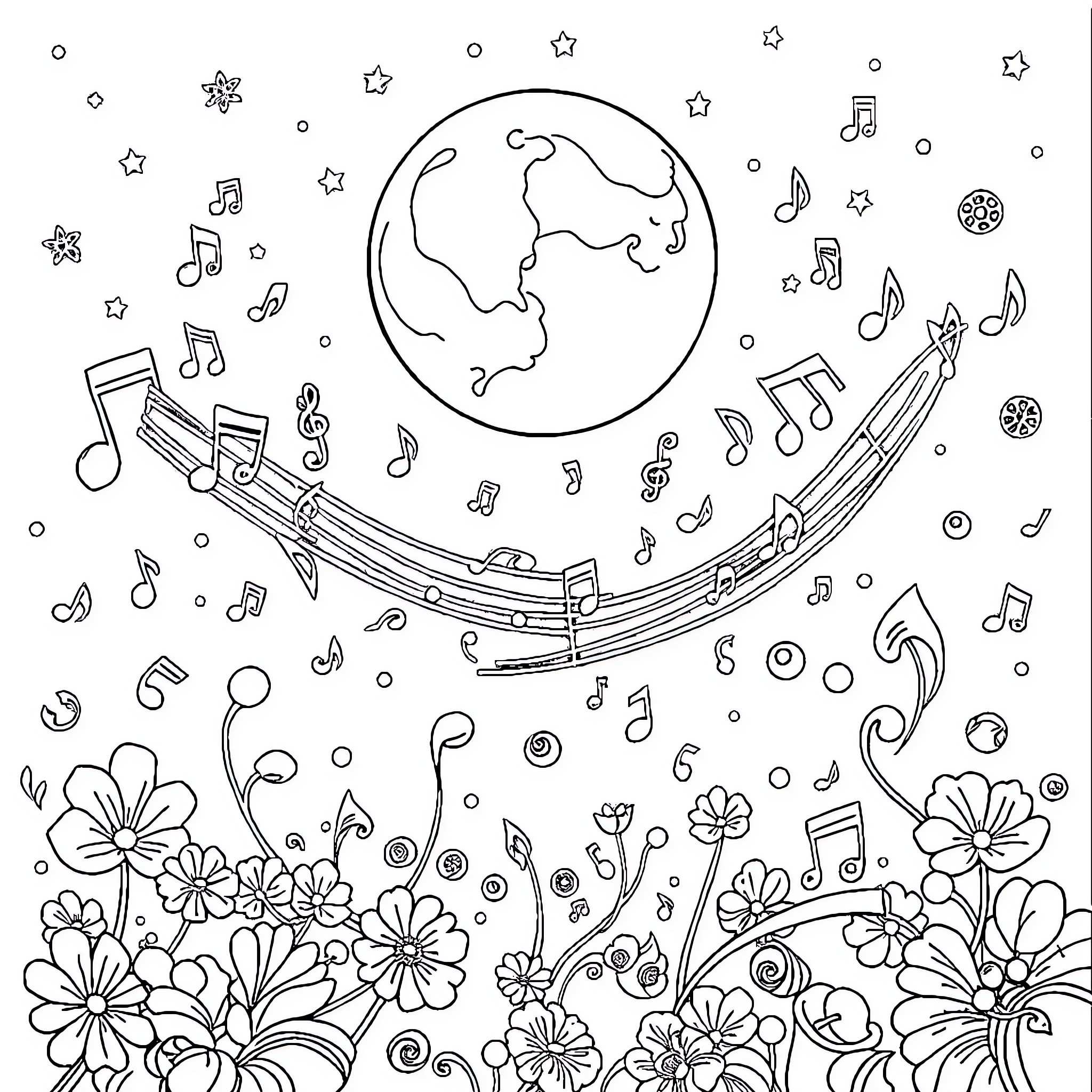 Music fills the world with joy and beauty Coloring Page (free black-and-white line drawing printable PDF for all, from beginners to advanced learners, including children, teens, adults, and seniors)