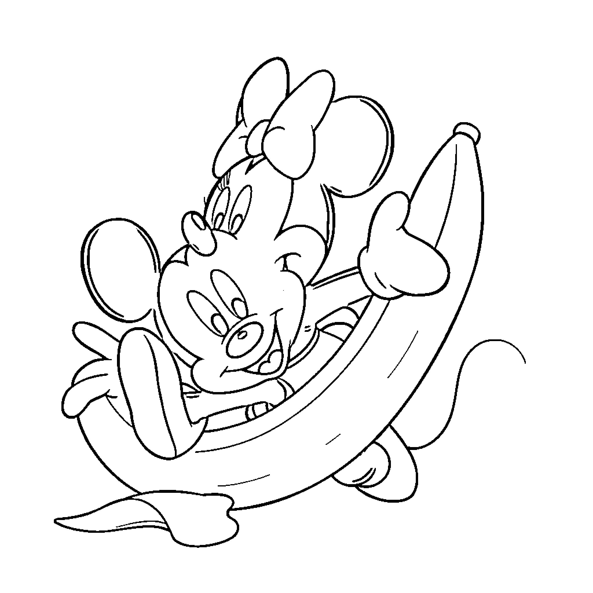 Minnie Mouse riding in a banana boat Coloring Page (free black-and-white line drawing printable PDF for all, from beginners to advanced learners, including children, teens, adults, and seniors)