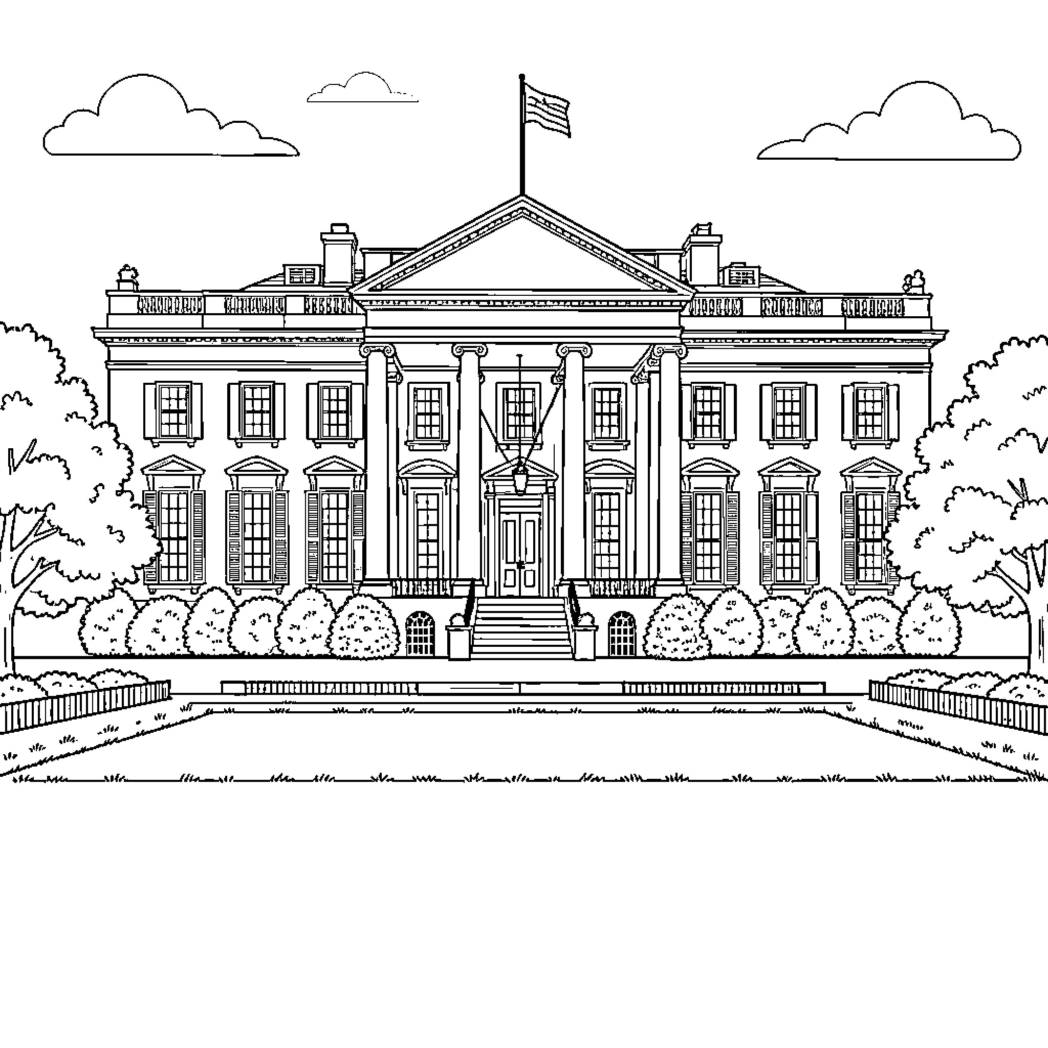 White House standing majestically under a cloudy sky Coloring Page (free black-and-white line drawing printable PDF for all, from beginners to advanced learners, including children, teens, adults, and seniors)