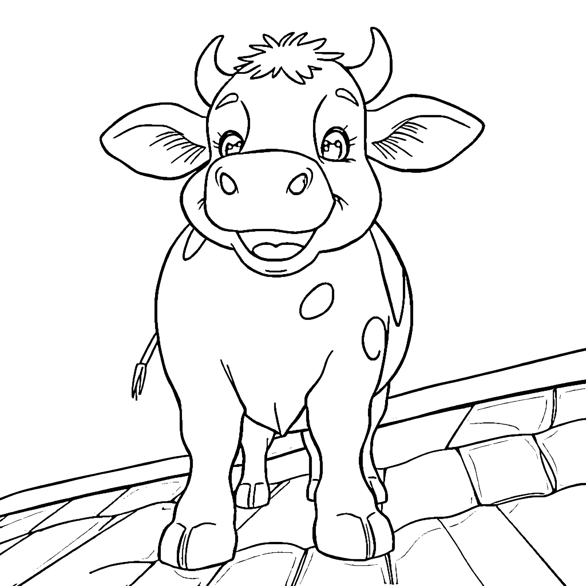Cow in a joyful pose Coloring Page (free black-and-white line drawing printable PDF for all, from beginners to advanced learners, including children, teens, adults, and seniors)