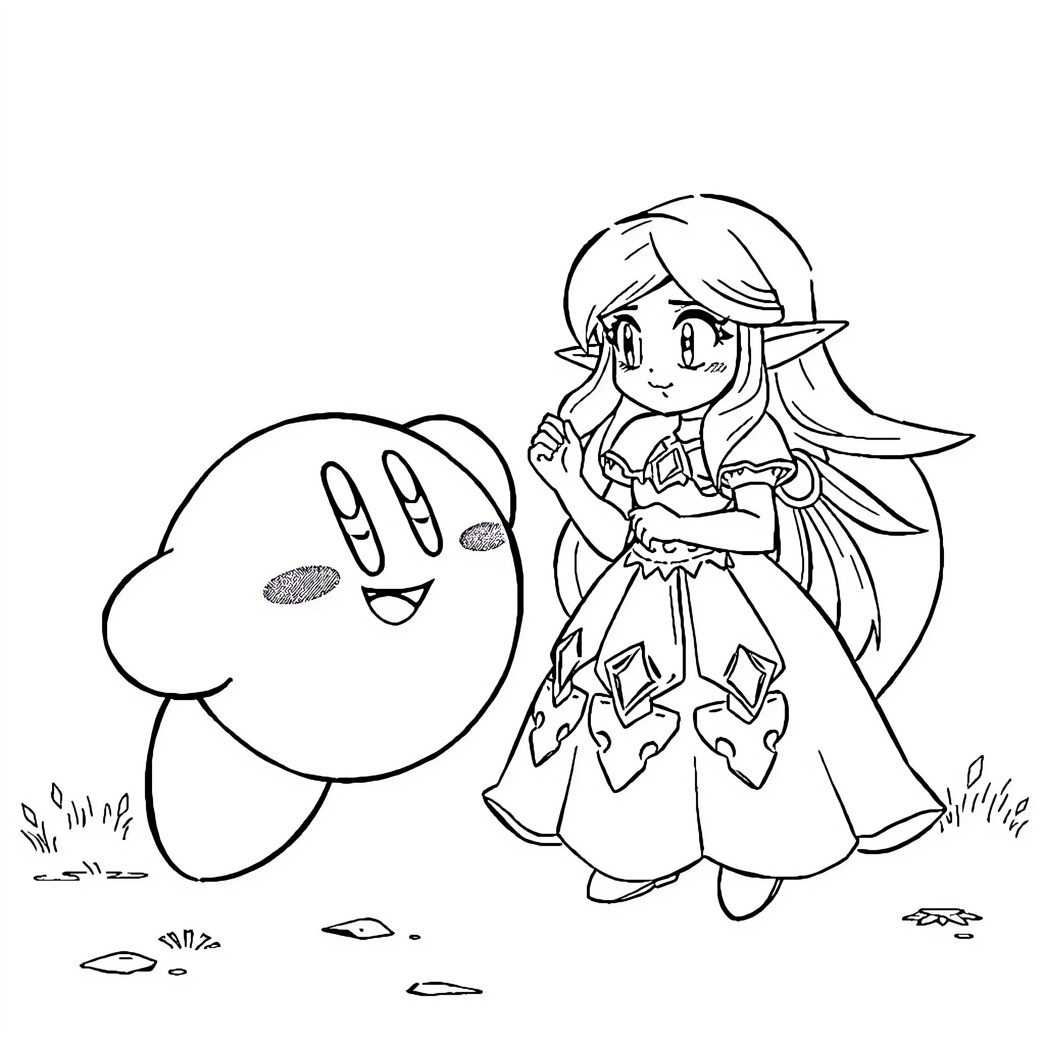 Kirby and the Elf-like Character's Friendly Encounter Coloring Page (free black-and-white line drawing printable PDF for all, from beginners to advanced learners, including children, teens, adults, and seniors)