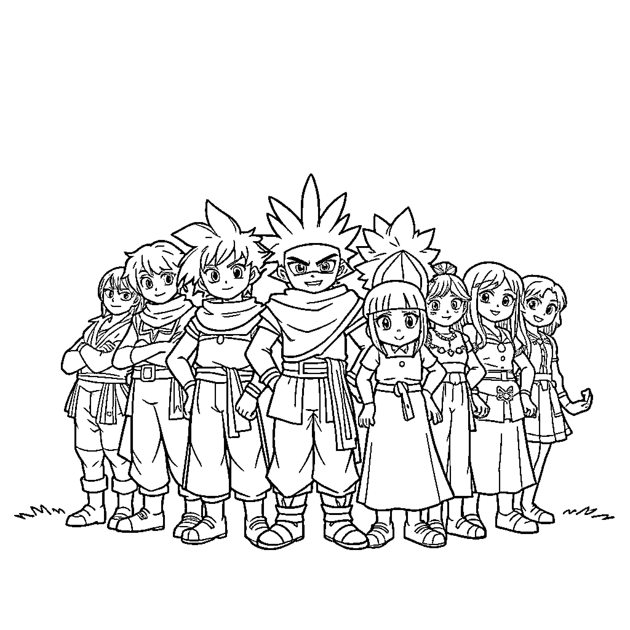 Dragon characters in fantasy adventure attire Coloring Page (free black-and-white line drawing printable PDF for all, from beginners to advanced learners, including children, teens, adults, and seniors)
