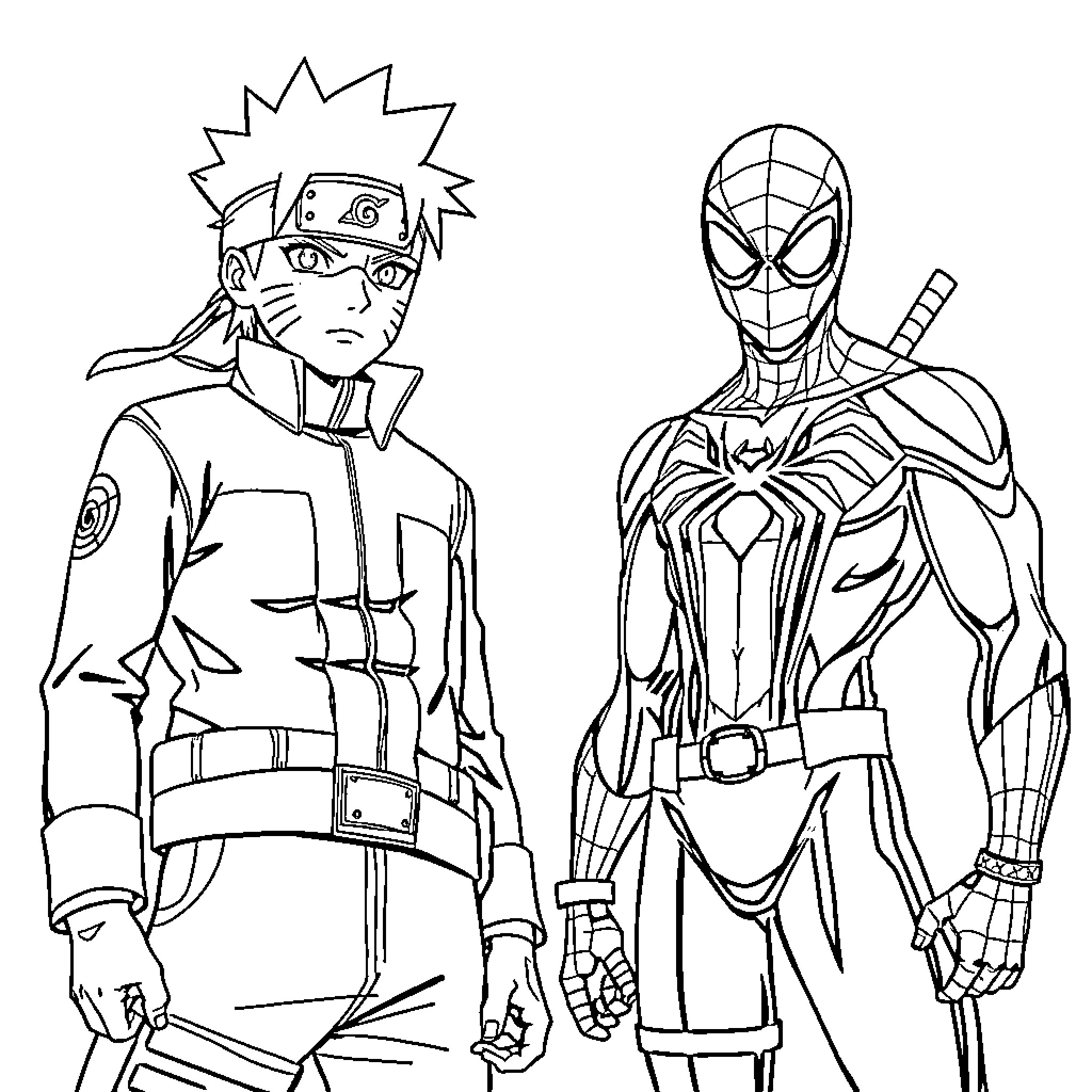Naruto and Spider-Man standing side by side Coloring Page (free black-and-white line drawing printable PDF for all, from beginners to advanced learners, including children, teens, adults, and seniors)
