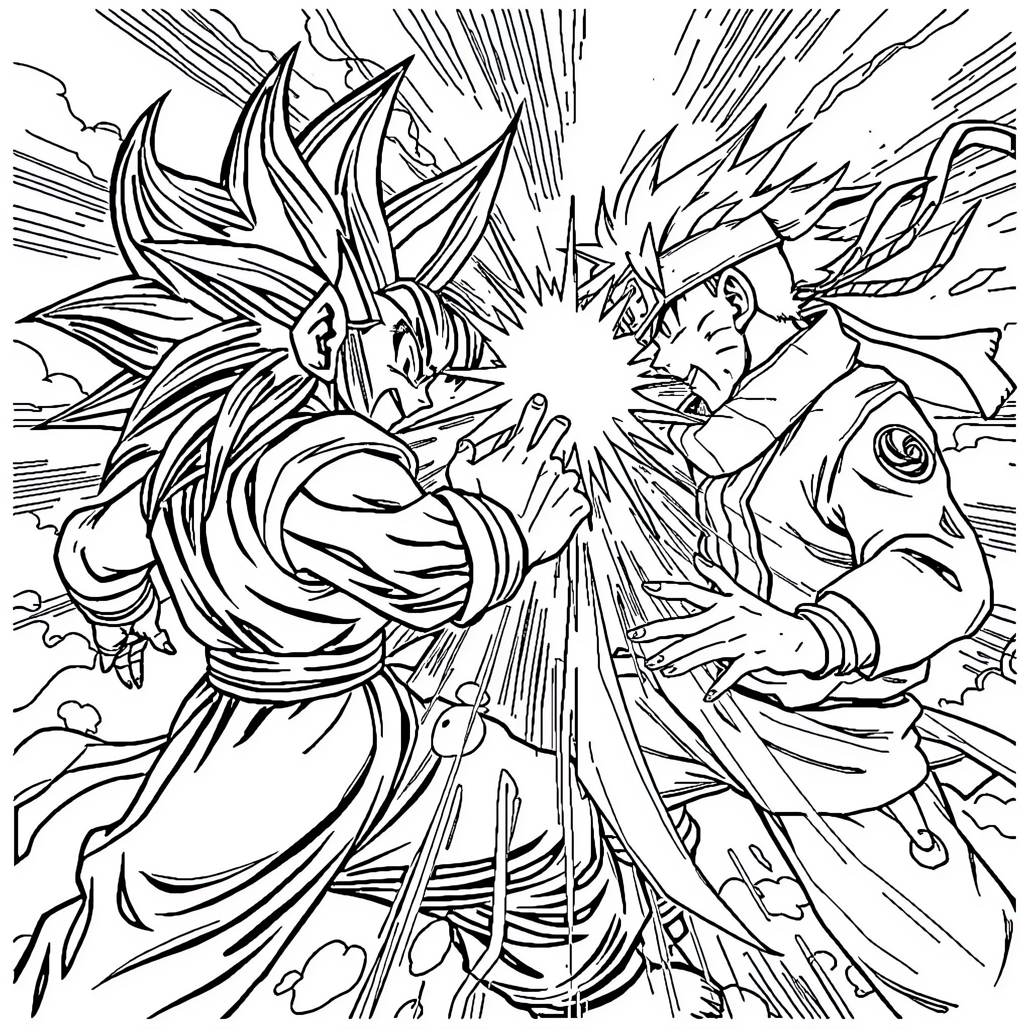 Dragon Ball Characters in Intense Battle Coloring Page (free black-and-white line drawing printable PDF for all, from beginners to advanced learners, including children, teens, adults, and seniors)