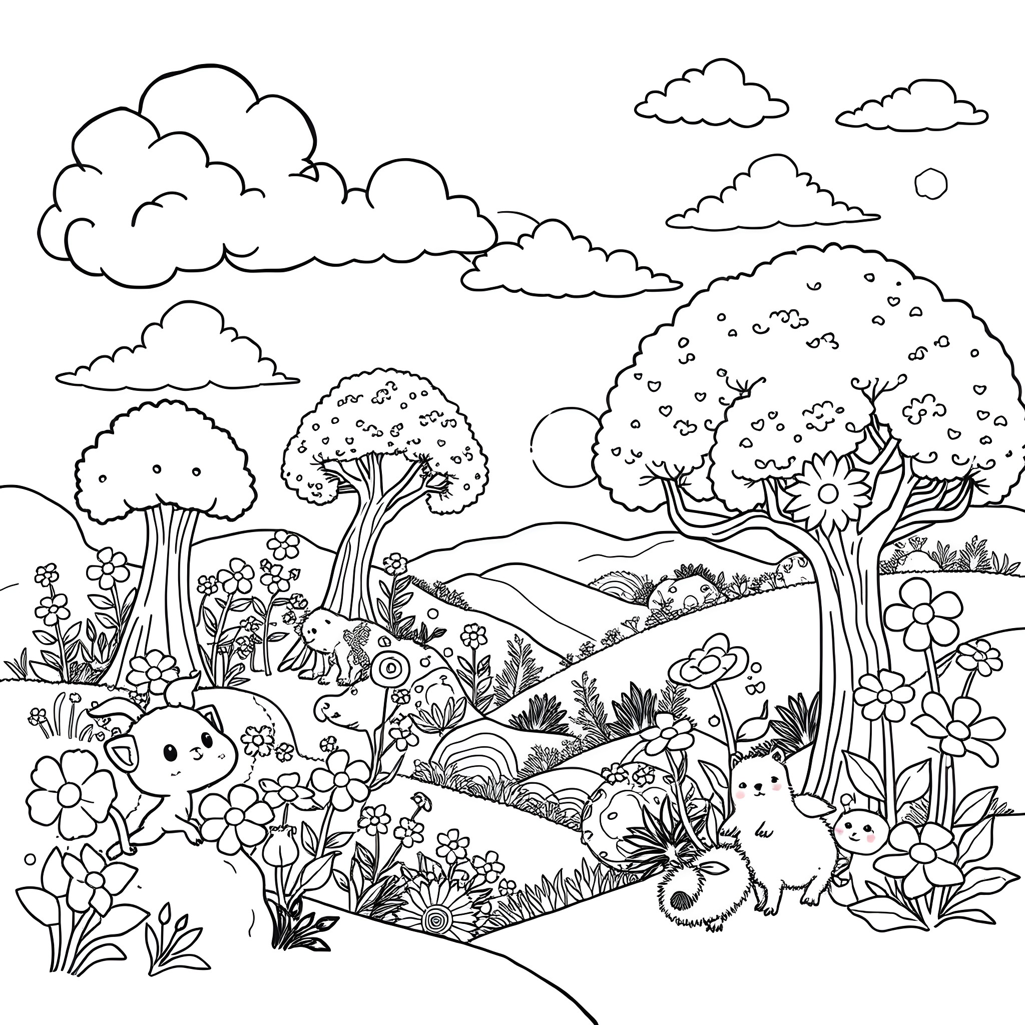 Dandy Critters Frolicking in Whimsical Woodland Coloring Page (free black-and-white line drawing printable PDF for all, from beginners to advanced learners, including children, teens, adults, and seniors)