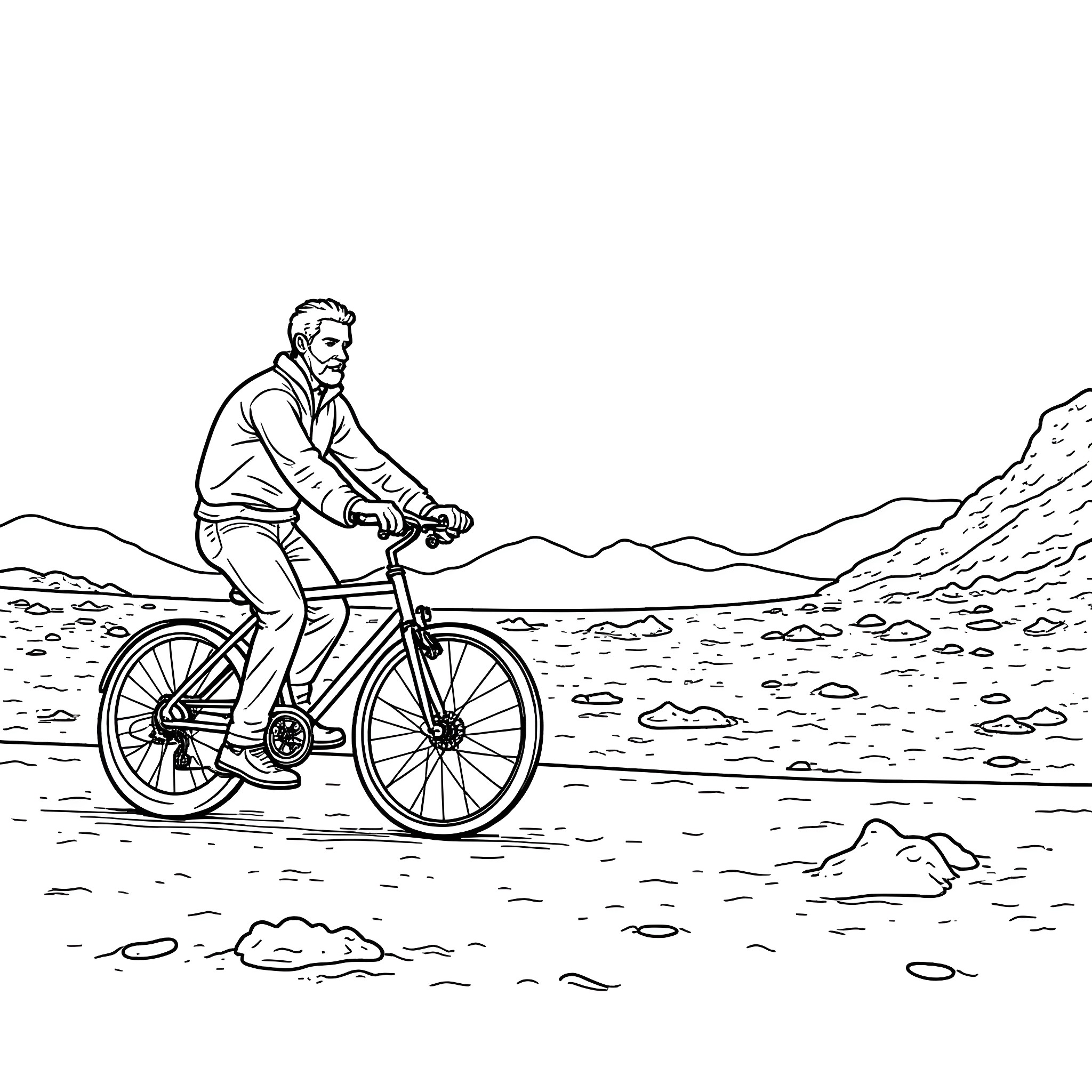 Vincent van Gogh cycling through the countryside Coloring Page (free black-and-white line drawing printable PDF for all, from beginners to advanced learners, including children, teens, adults, and seniors)