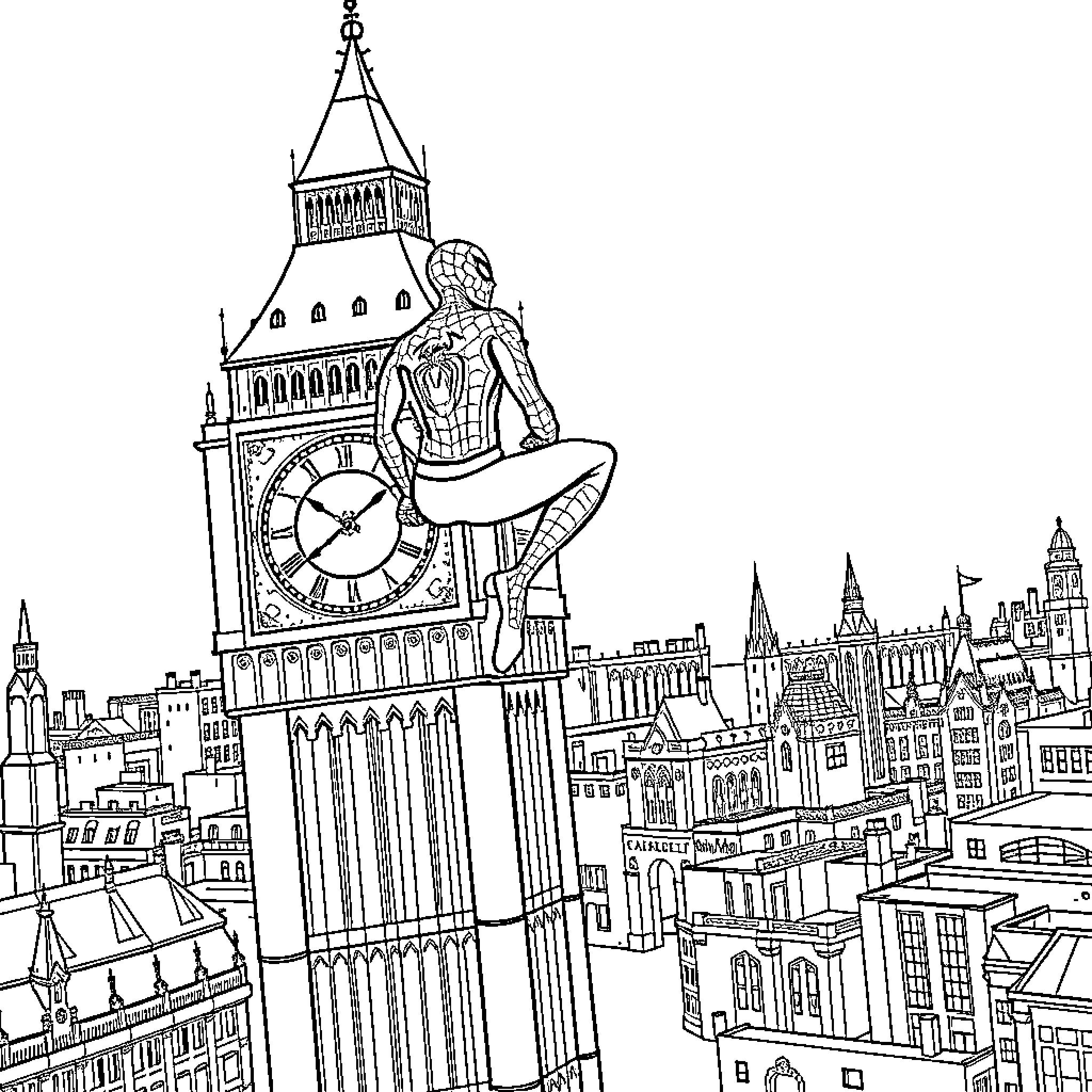 Spiderman overlooking the city from Big Ben Coloring Page (free black-and-white line drawing printable PDF for all, from beginners to advanced learners, including children, teens, adults, and seniors)