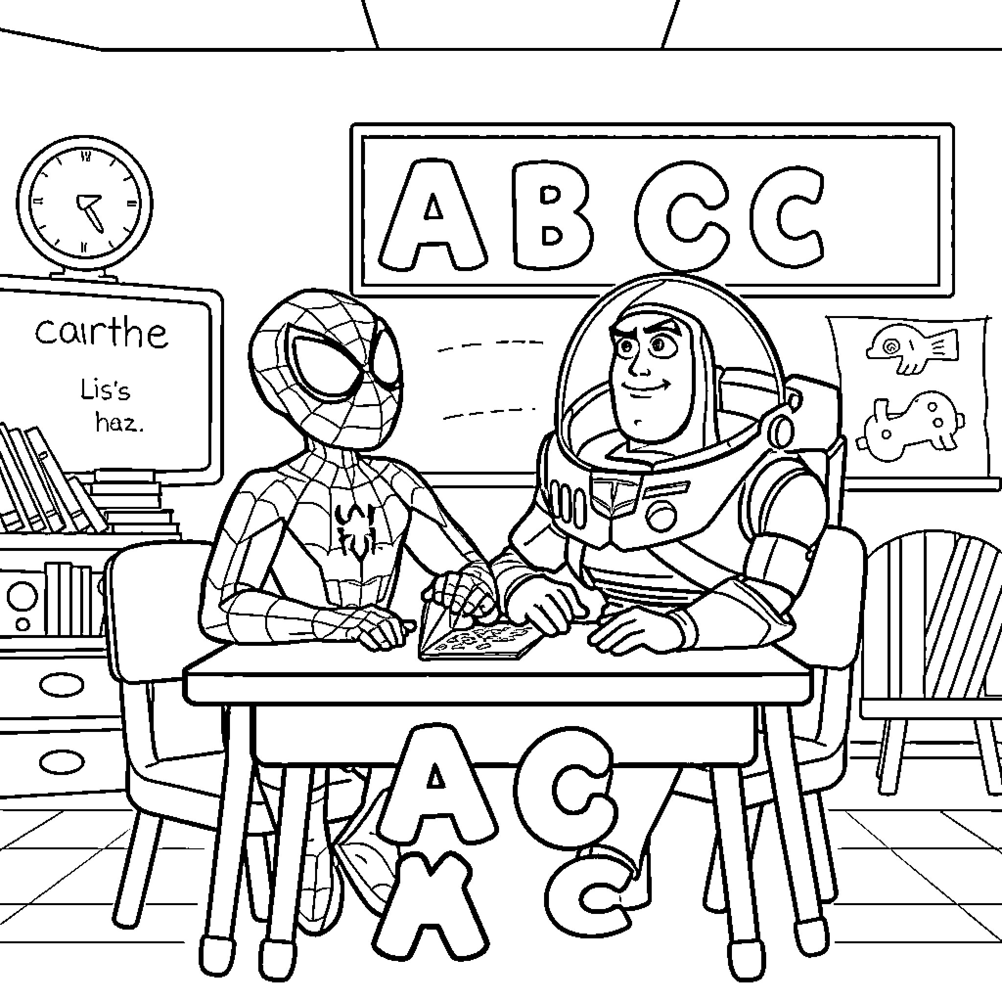 Spiderman and Buzz Lightyear in ABCG classroom Coloring Page (free black-and-white line drawing printable PDF for all, from beginners to advanced learners, including children, teens, adults, and seniors)