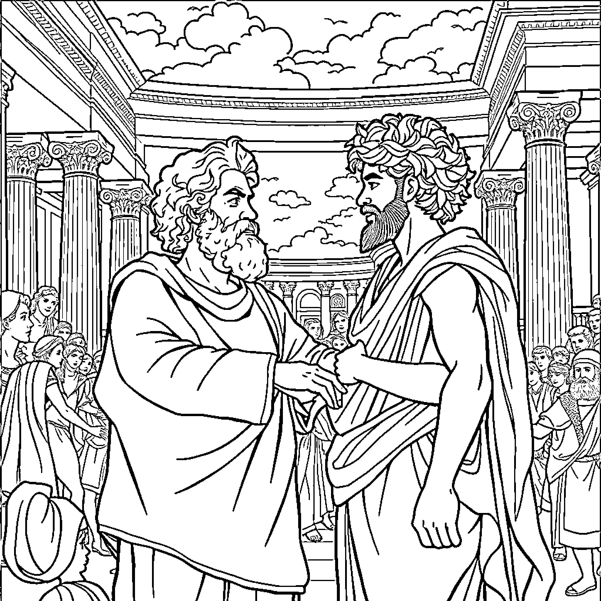 Socrates in Dialogue with a Fellow Philosopher Coloring Page (free black-and-white line drawing printable PDF for all, from beginners to advanced learners, including children, teens, adults, and seniors)