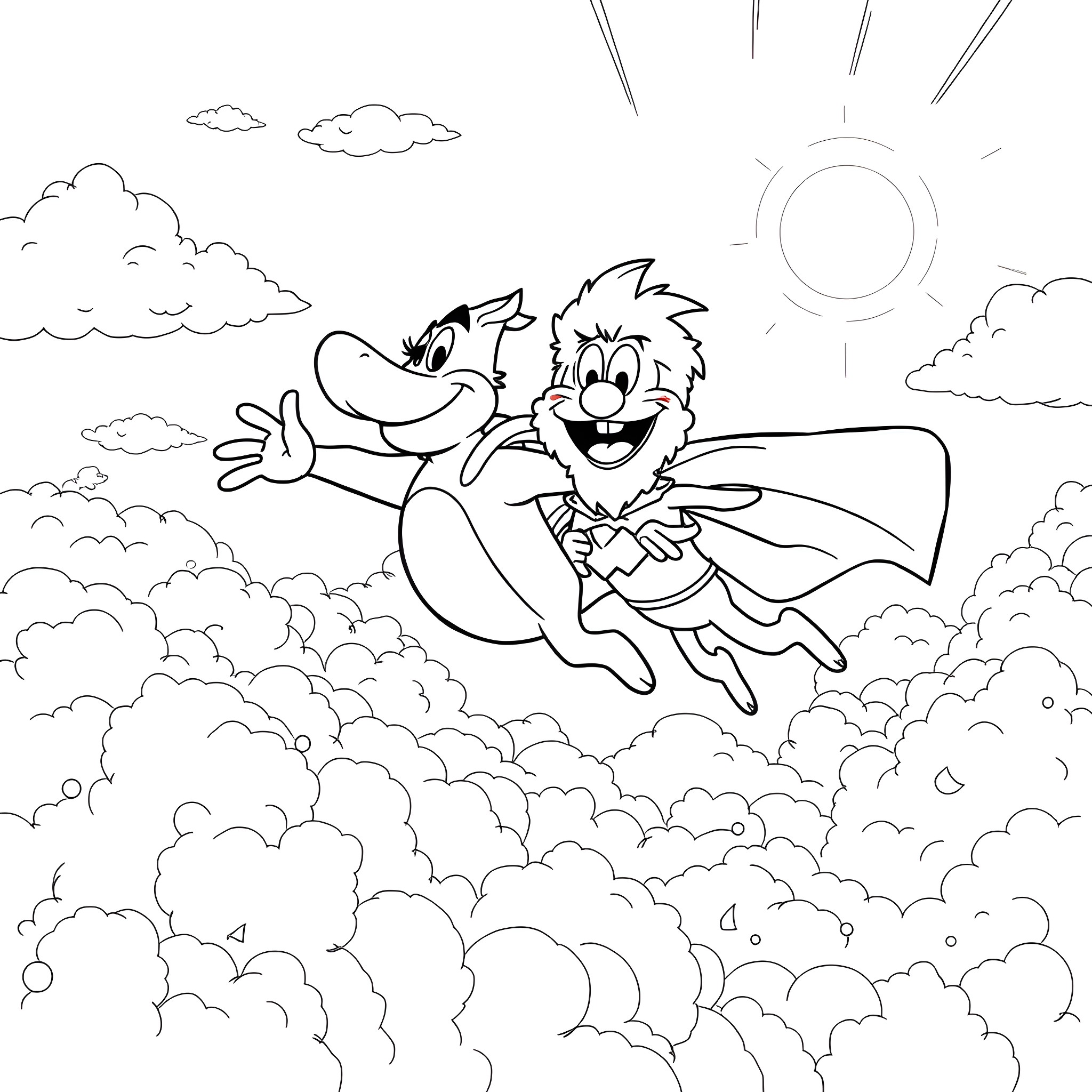 Gonzo superheroes soaring through the sky Coloring Page (free black-and-white line drawing printable PDF for all, from beginners to advanced learners, including children, teens, adults, and seniors)