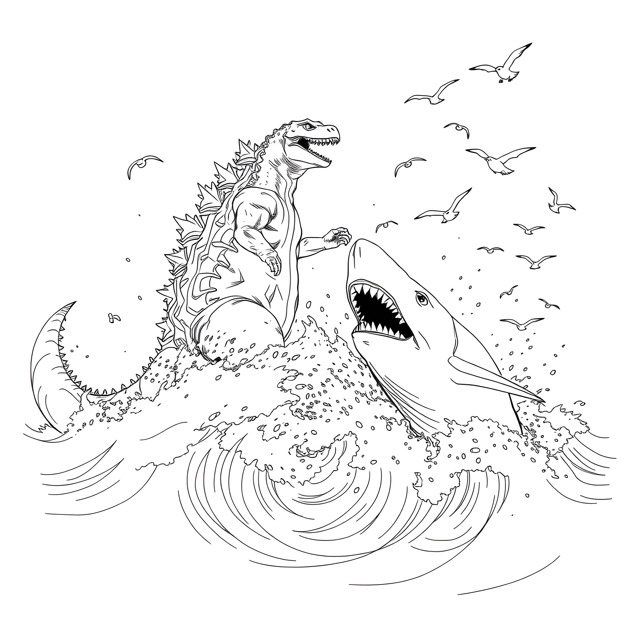 Godzilla battles giant shark in stormy ocean Coloring Page (free black-and-white line drawing printable PDF for all, from beginners to advanced learners, including children, teens, adults, and seniors)