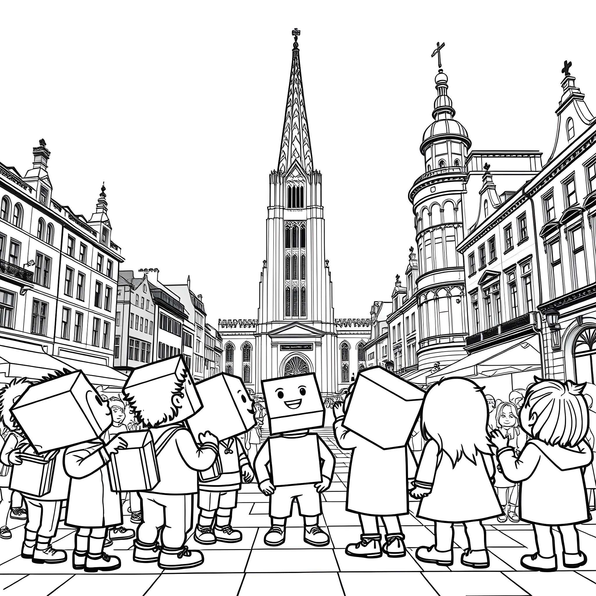 Numberblock characters exploring a city square Coloring Page (free black-and-white line drawing printable PDF for all, from beginners to advanced learners, including children, teens, adults, and seniors)