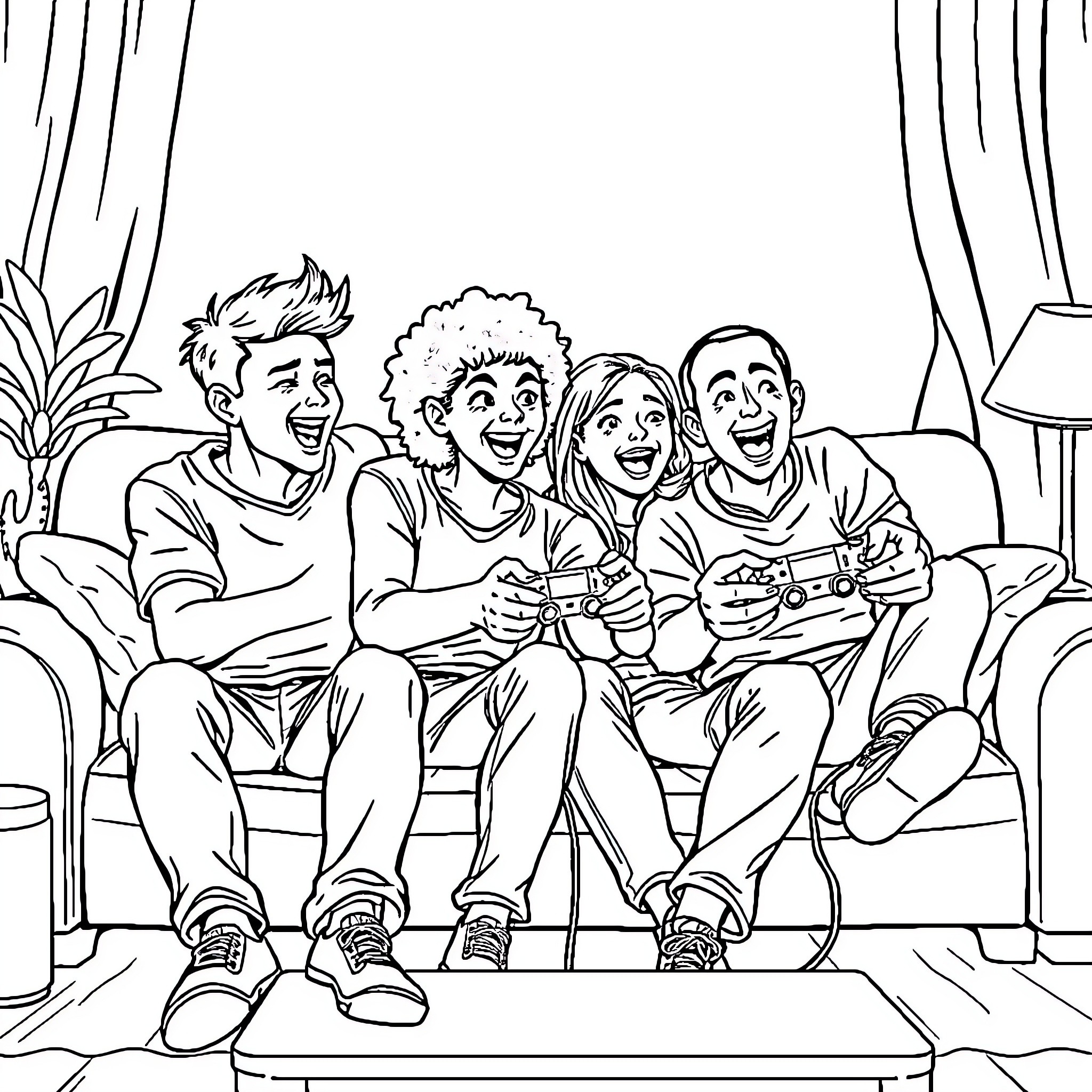 Friend's gaming night with laughter and excitement Coloring Page (free black-and-white line drawing printable PDF for all, from beginners to advanced learners, including children, teens, adults, and seniors)