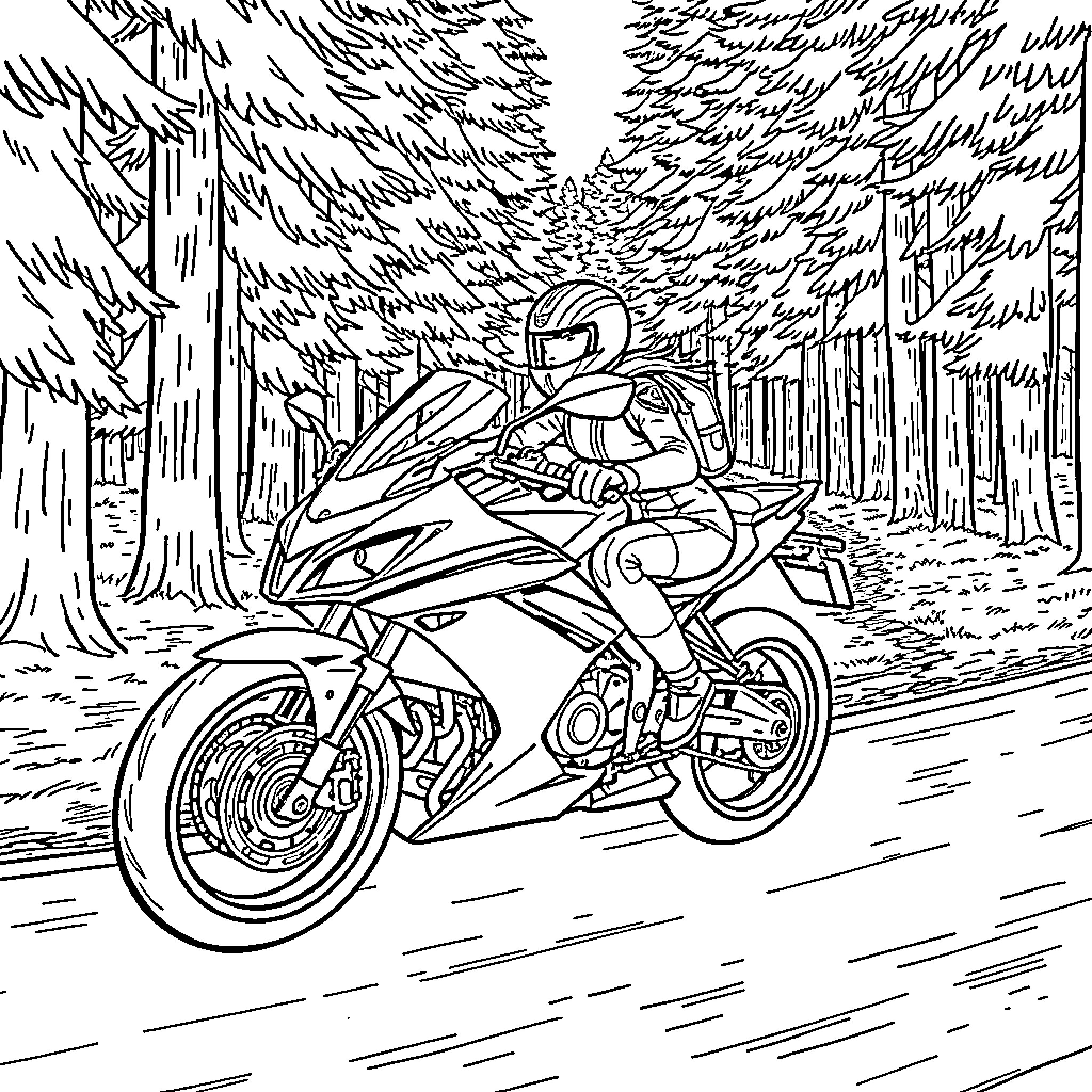 Motorcycle racing through the forest Coloring Page (free black-and-white line drawing printable PDF for all, from beginners to advanced learners, including children, teens, adults, and seniors)