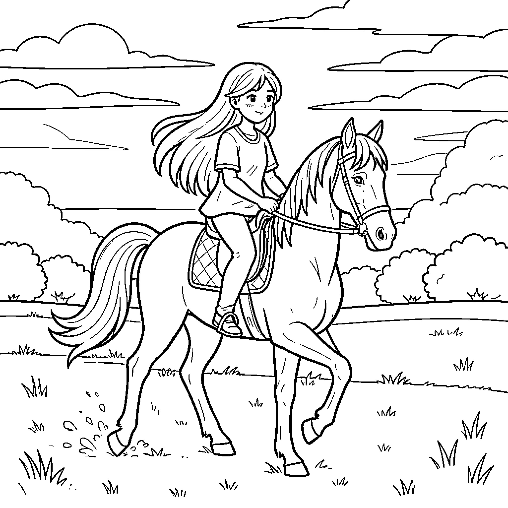 Horse being ridden by a happy girl in nature Coloring Page (free black-and-white line drawing printable PDF for all, from beginners to advanced learners, including children, teens, adults, and seniors)