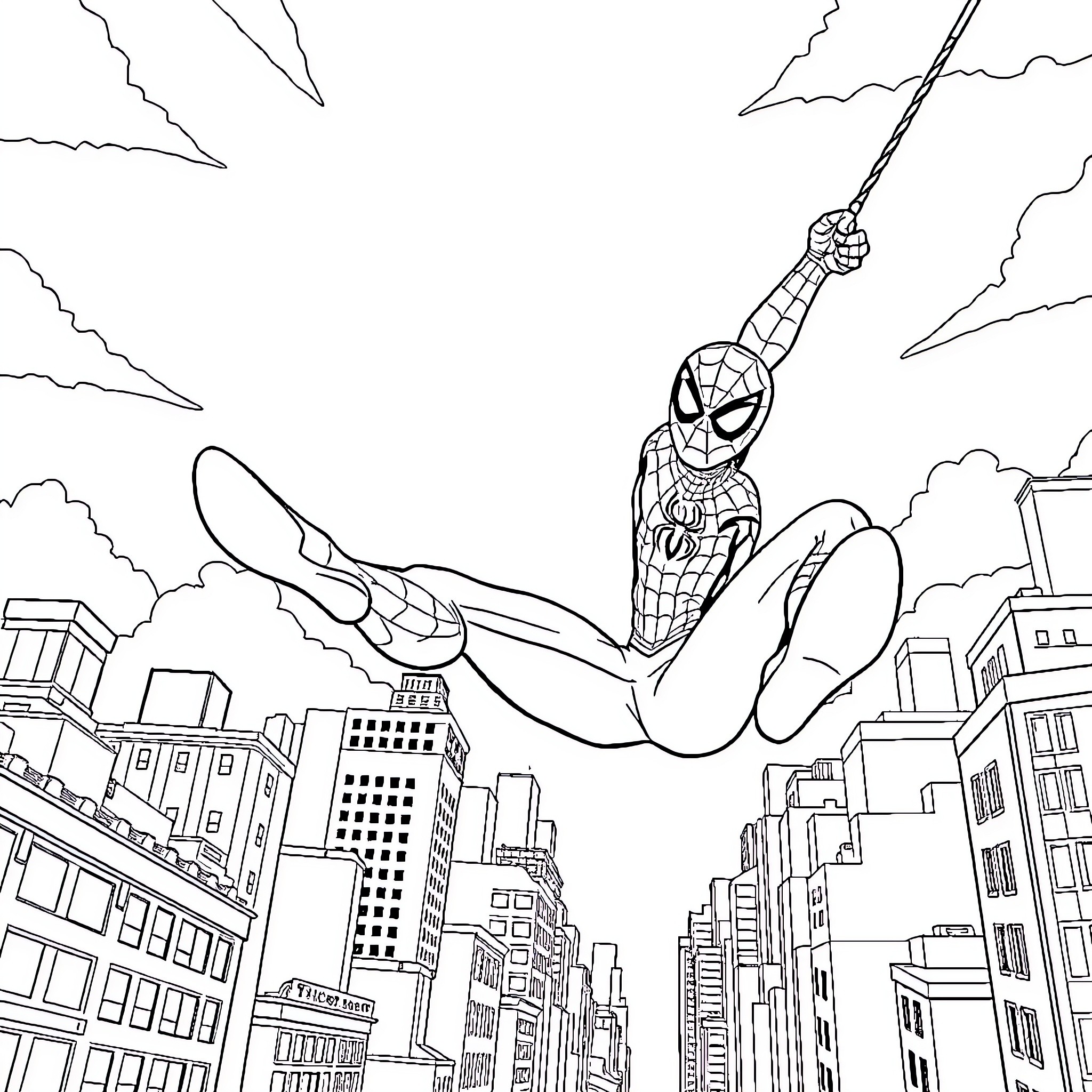 Spider-Man swinging through the city skyline Coloring Page (free black-and-white line drawing printable PDF for all, from beginners to advanced learners, including children, teens, adults, and seniors)