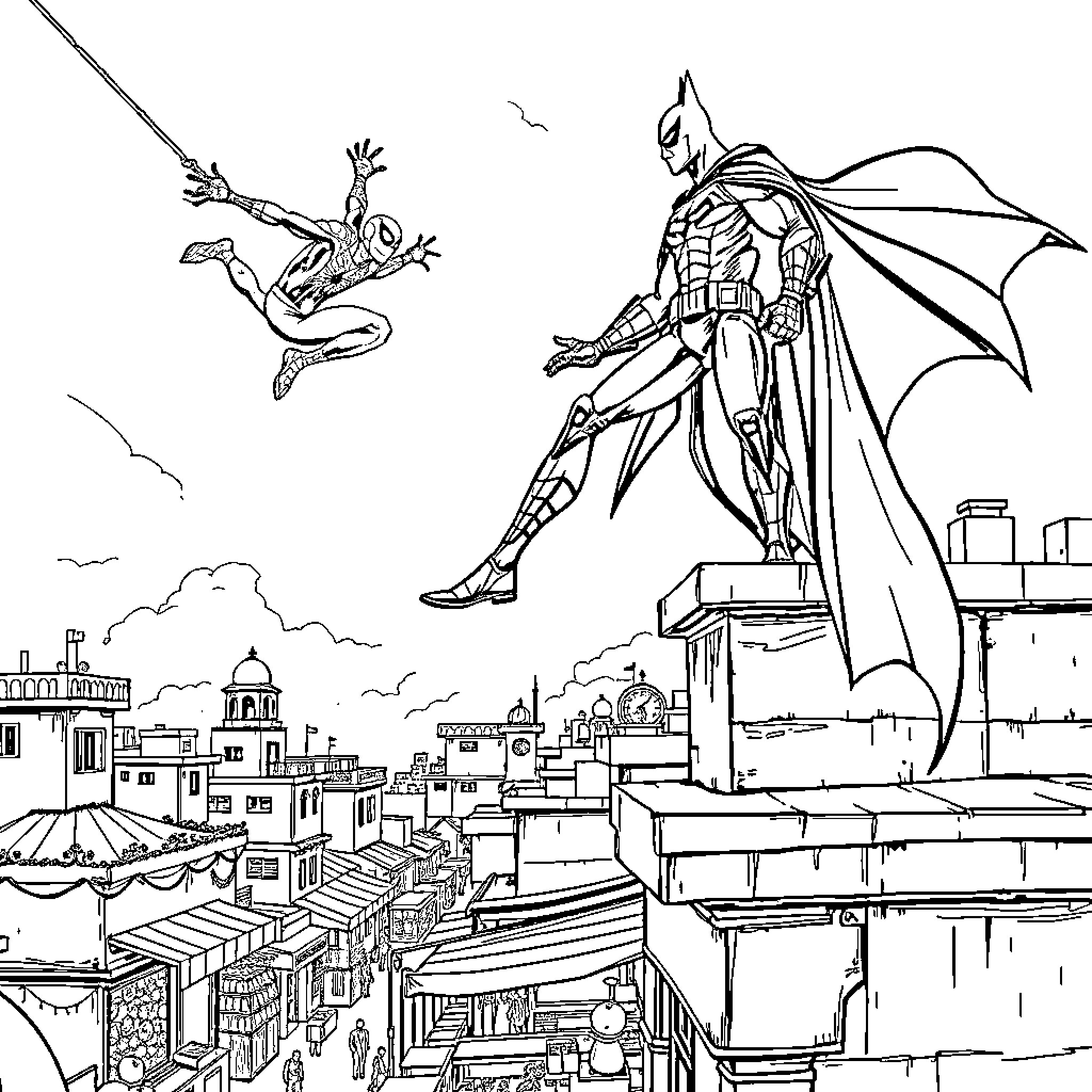 Spider-Man swinging through the city and Batman overlooking the cityscape Coloring Page (free black-and-white line drawing printable PDF for all, from beginners to advanced learners, including children, teens, adults, and seniors)