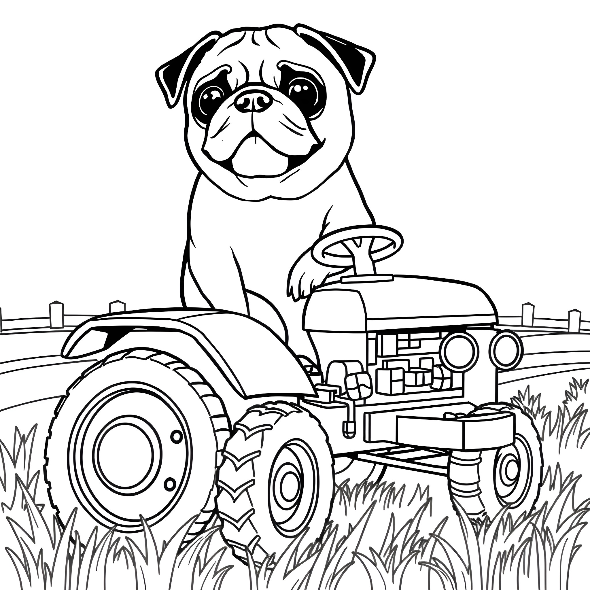 Pug riding a tractor in the countryside Coloring Page (free black-and-white line drawing printable PDF for all, from beginners to advanced learners, including children, teens, adults, and seniors)