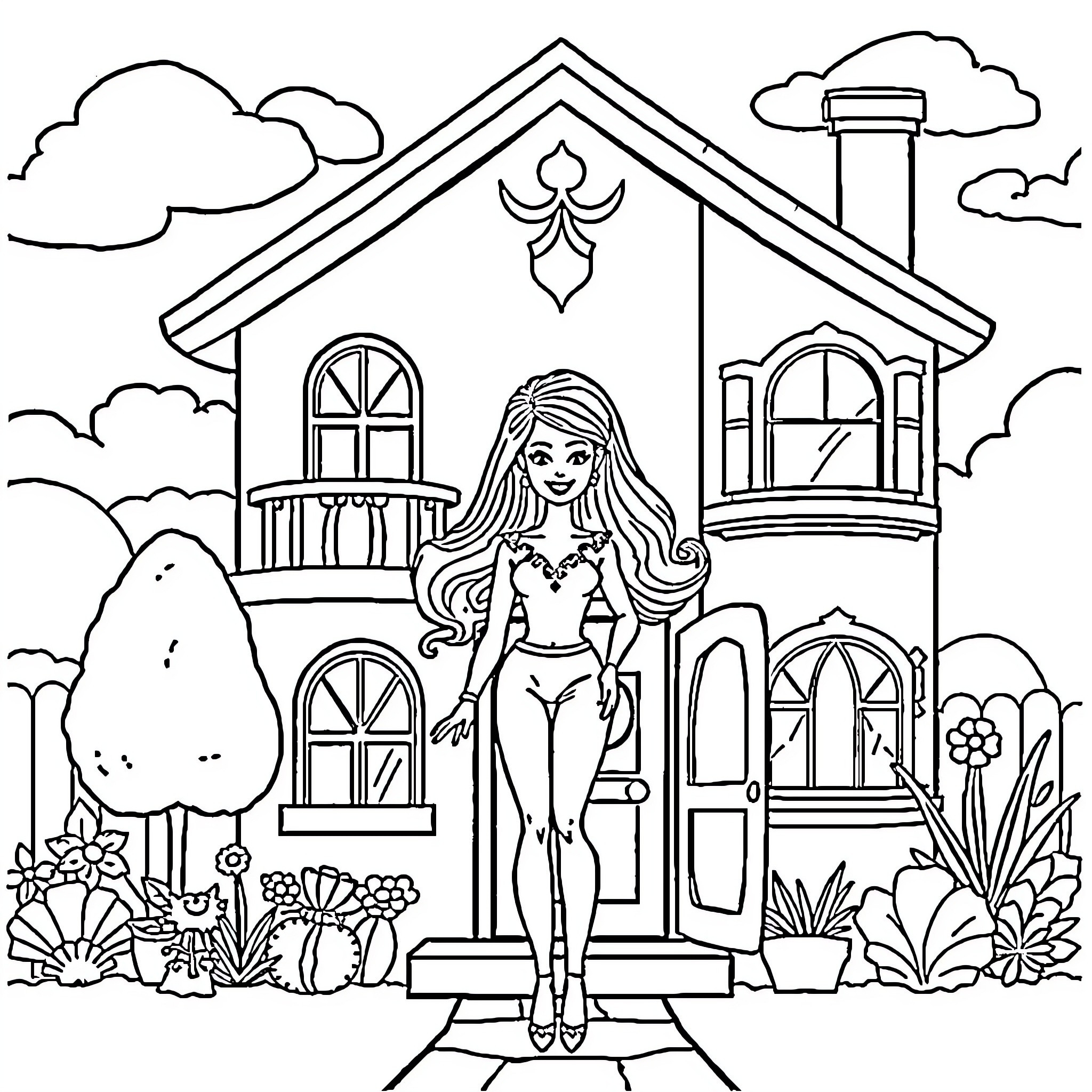 Barbie posing confidently in front of her dream house Coloring Page (free black-and-white line drawing printable PDF for all, from beginners to advanced learners, including children, teens, adults, and seniors)