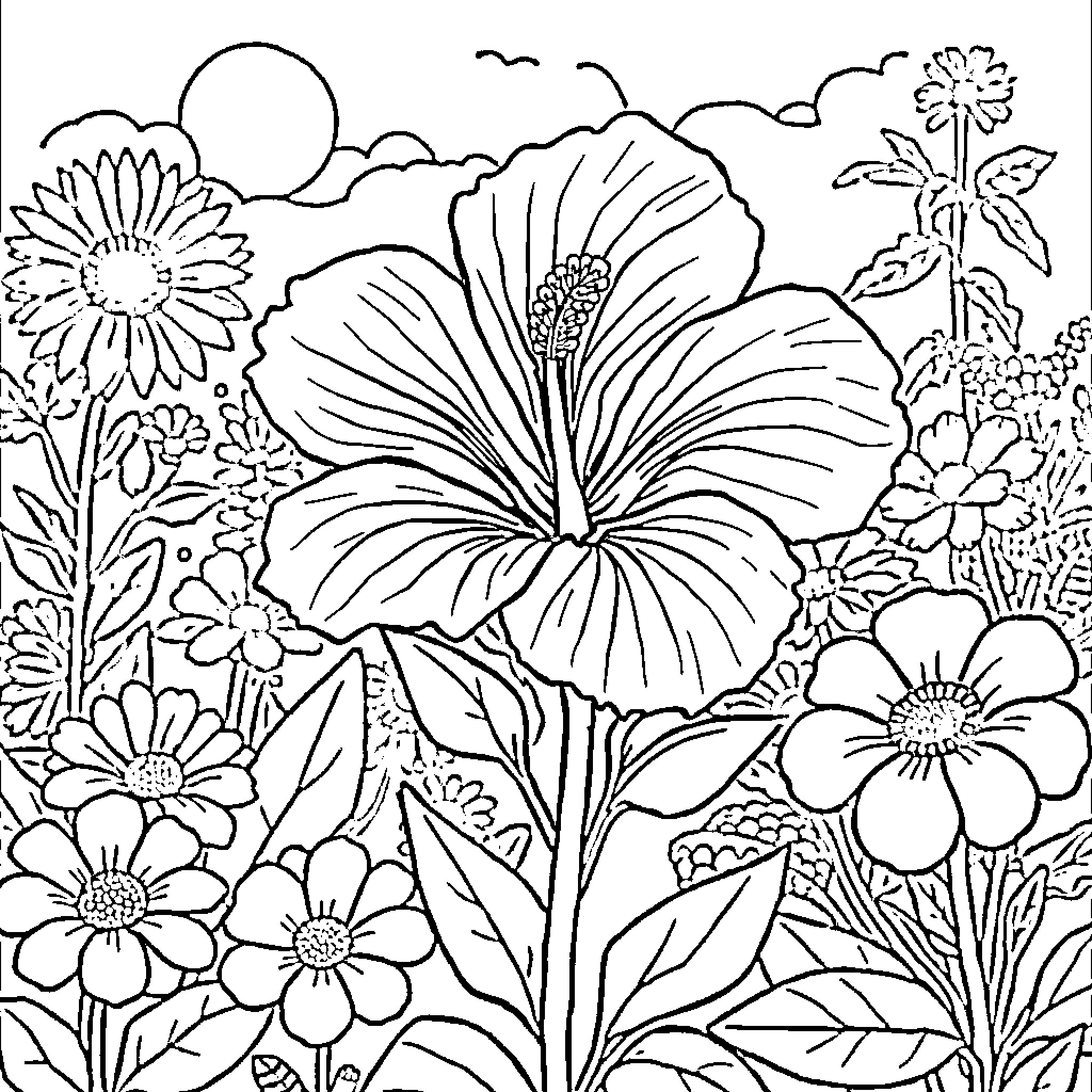 Hibiscus and Floral Garden Landscape Coloring Page (free black-and-white line drawing printable PDF for all, from beginners to advanced learners, including children, teens, adults, and seniors)